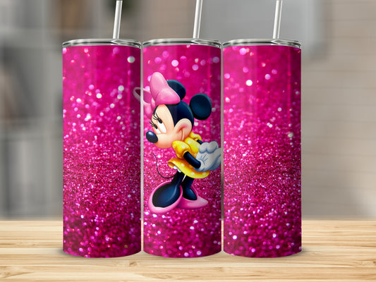 Pink Glitter Tumbler with Cartoon Character Design