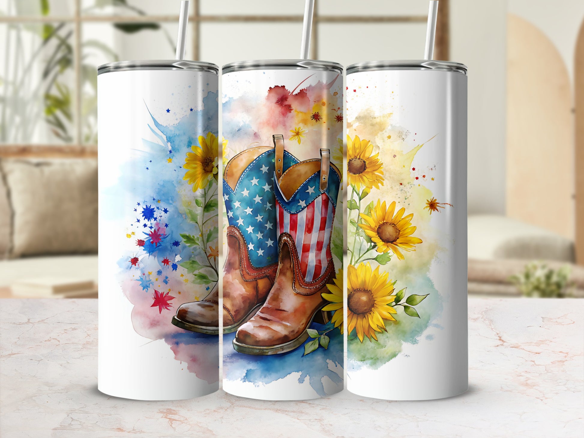 Cowboy boots with American flag design on sunflowers background.