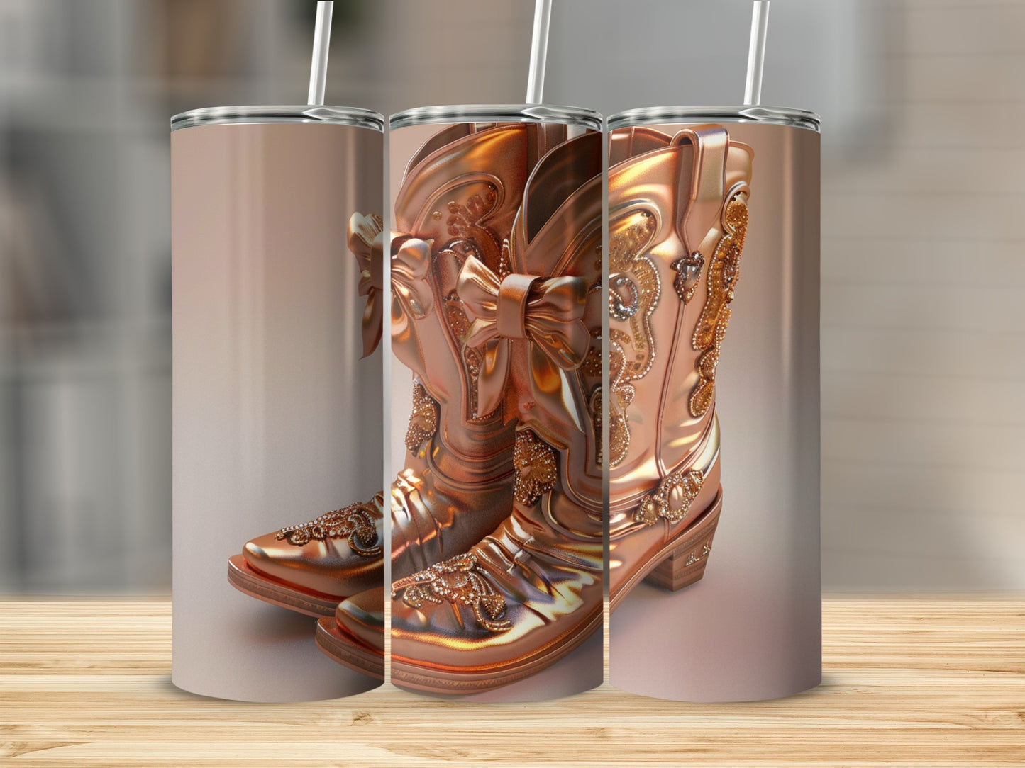 Copper cowboy boots with ornate embellishments and bows, displayed on a wooden surface.