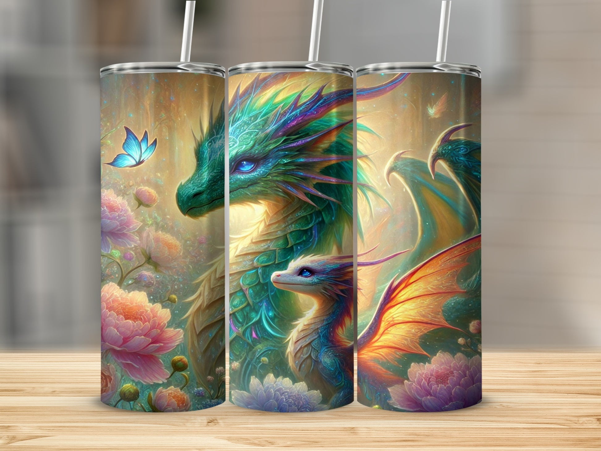 Enchanting Dragon and Floral Fantasy Tumbler Design