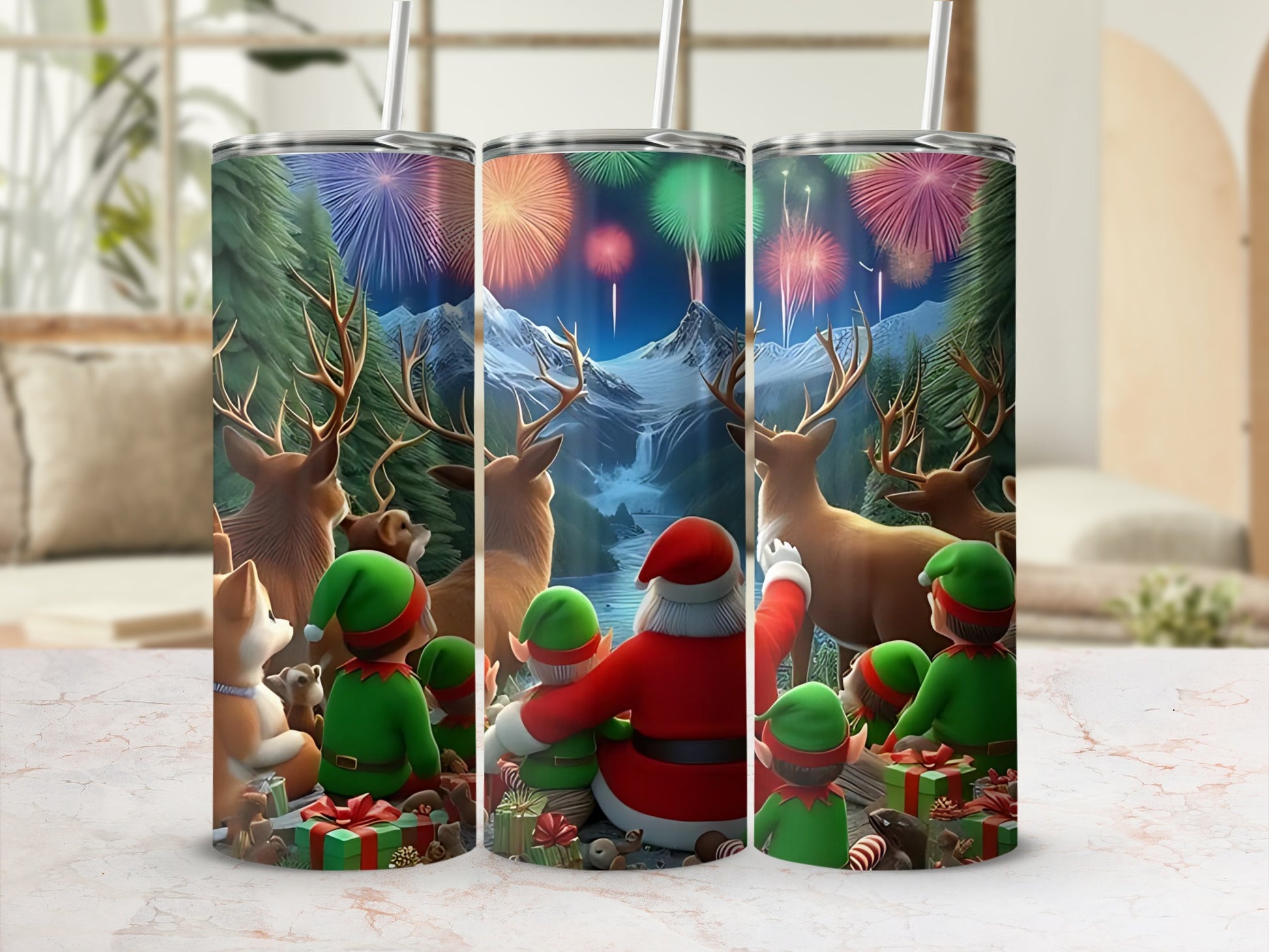 Santa and Elves Enjoying Fireworks Scene Tumbler