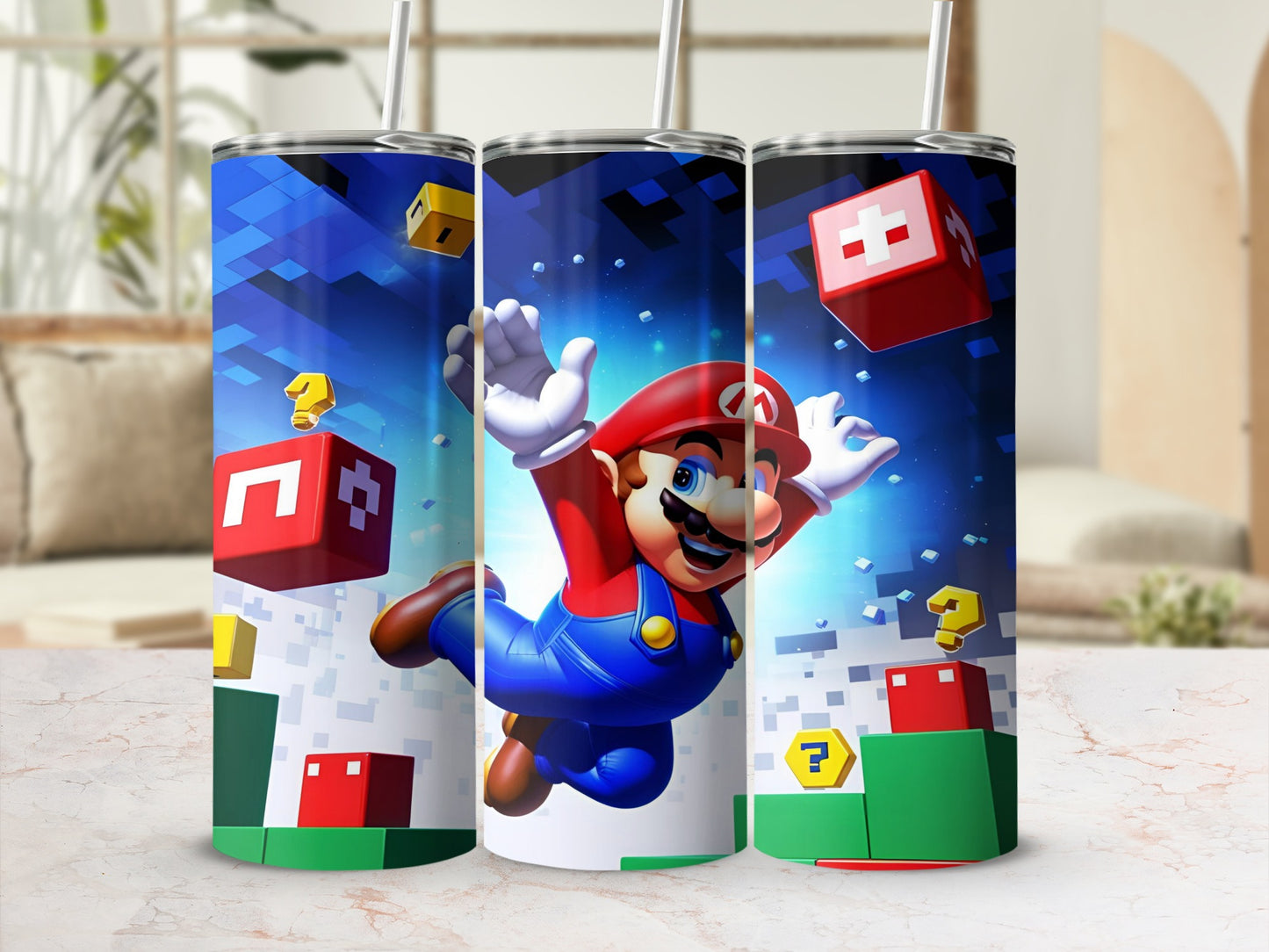 Mario leaps from Super Mario Bros. jumping through blocks.