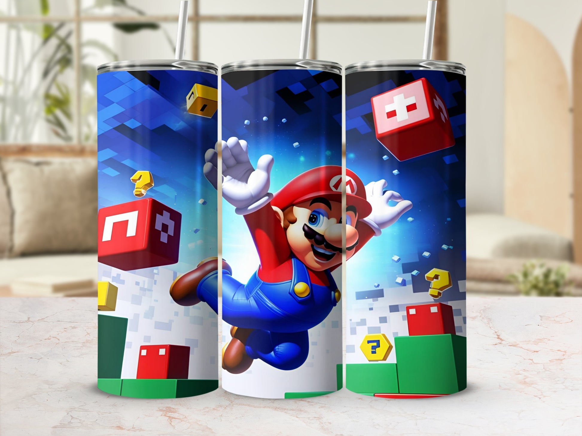 Mario leaps from Super Mario Bros. jumping through blocks.