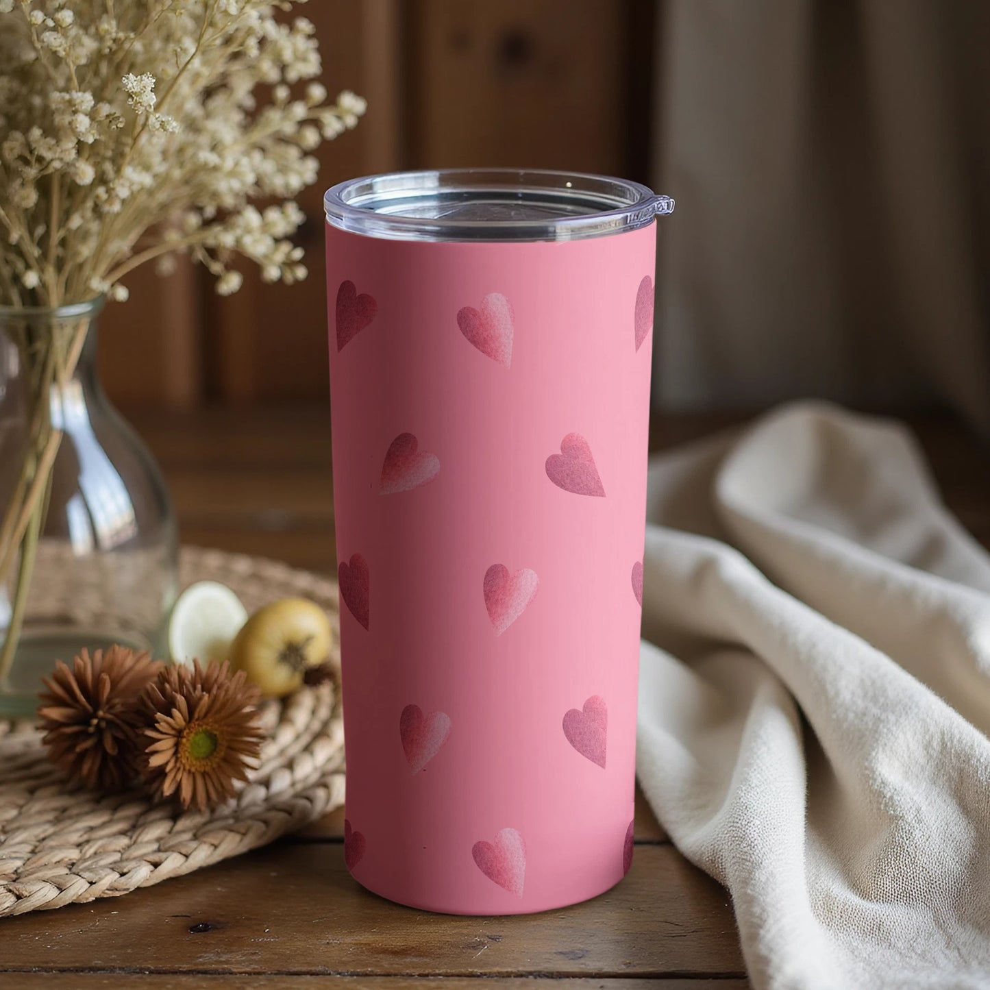 Pink Tumbler with Heart Design Valentine's Gift