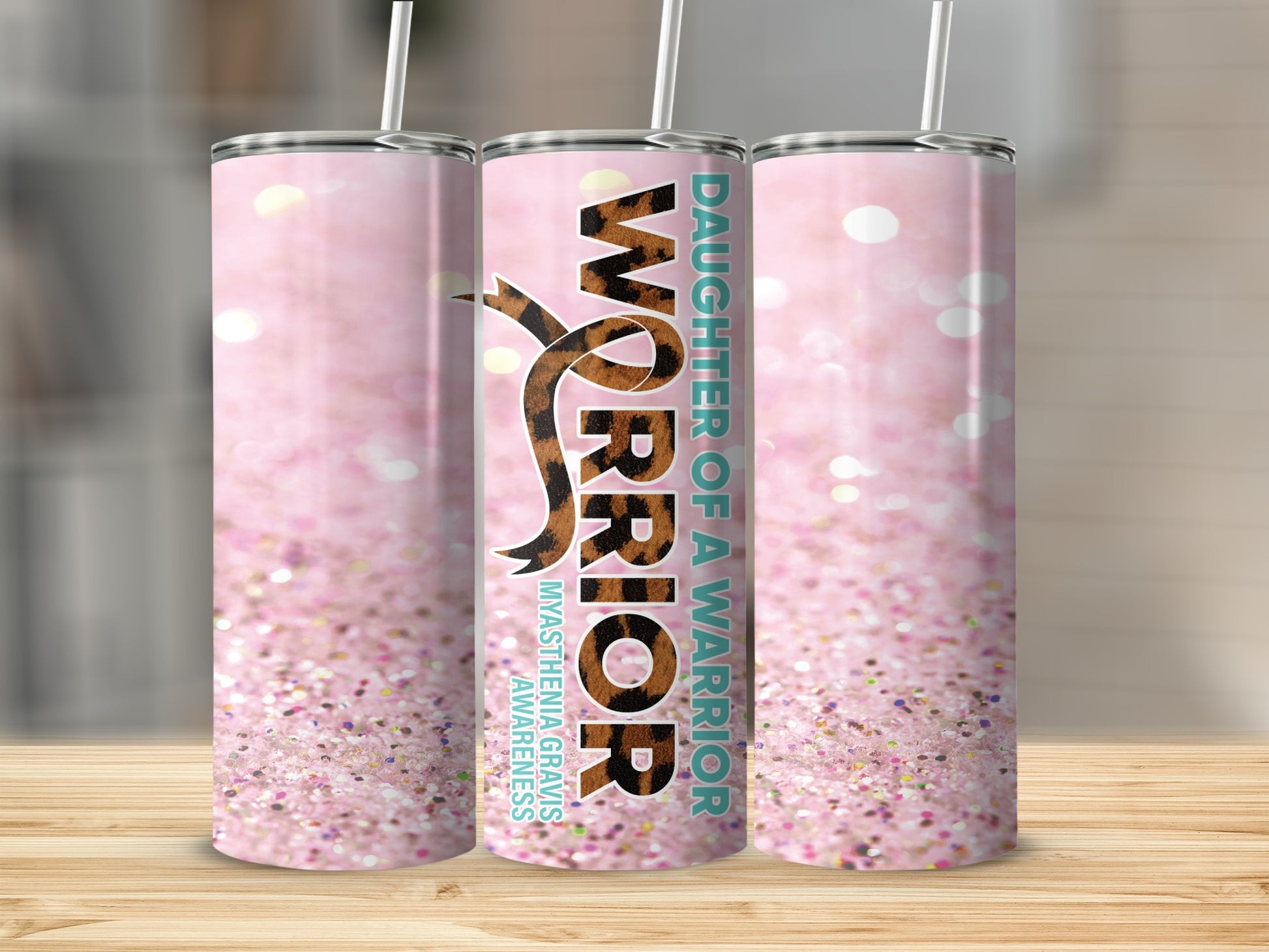 Pink glitter tumbler with "Daughter of a Warrior" text and leopard print ribbon.