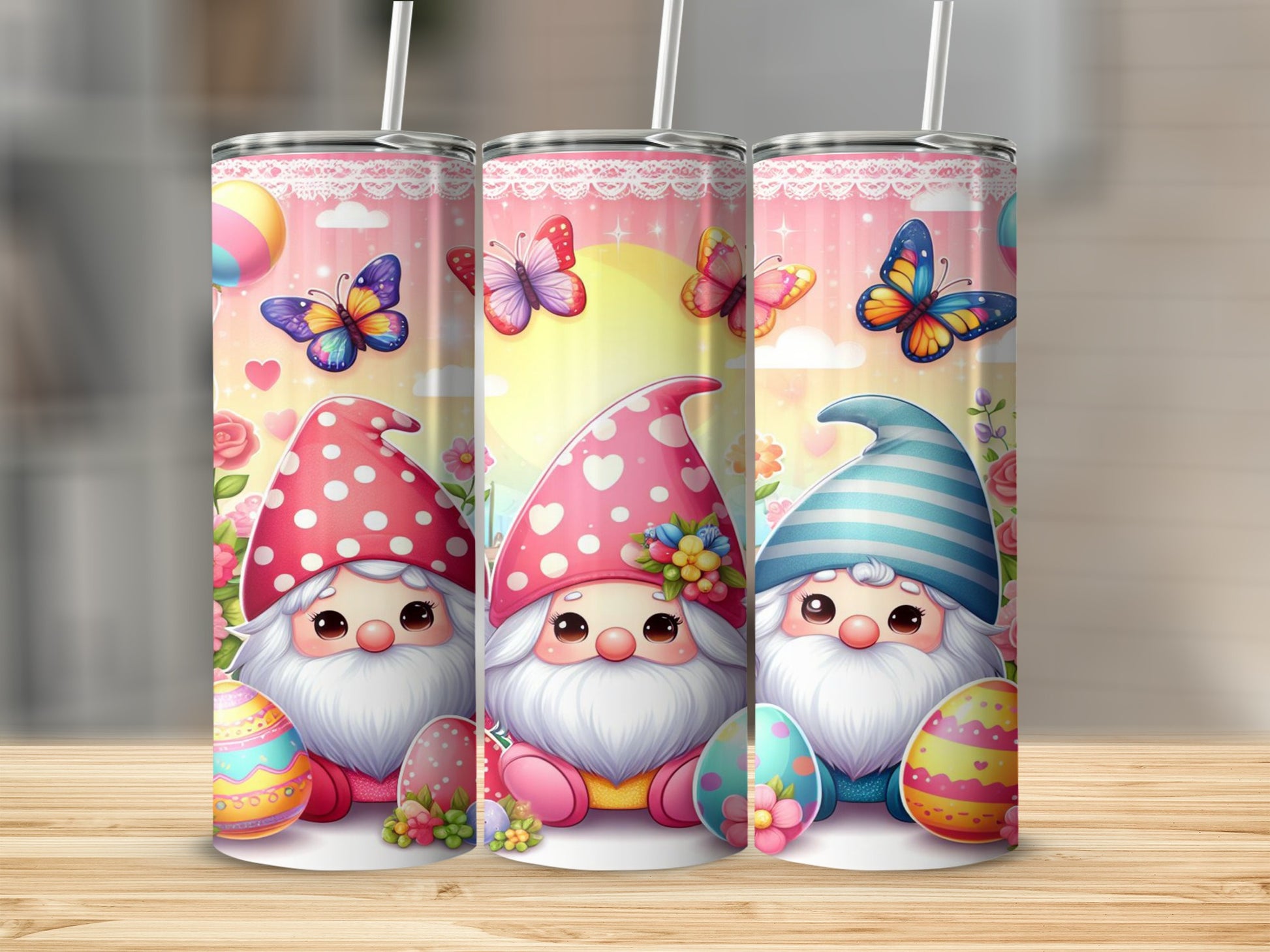Three gnomes in colorful hats with Easter eggs and butterflies.