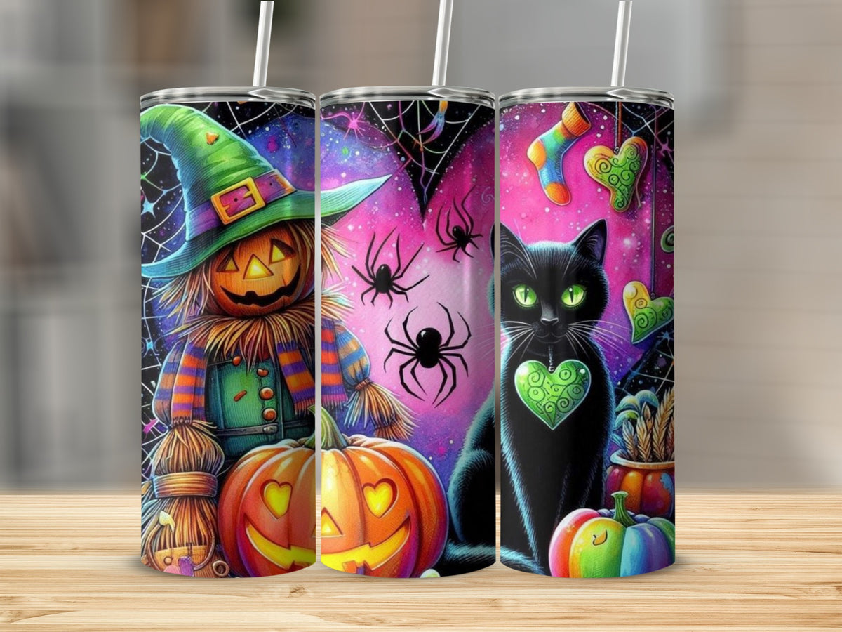 Three tumblers with Halloween designs: scarecrow pumpkin, spiders, and a black cat with green eyes.