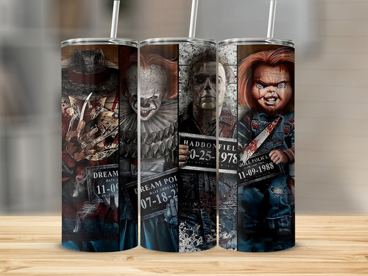 Four Halloween movie characters on tumblers: Pennywise, Michael Myers, Chucky, and a clown.