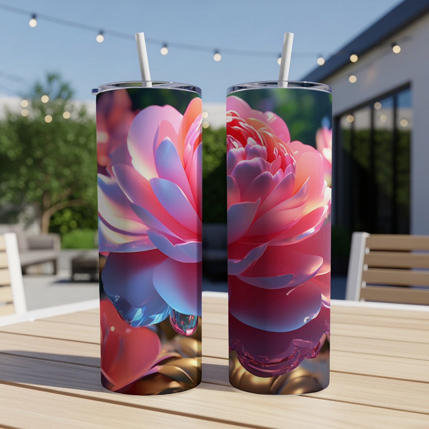 Two tumblers with a close-up pink and blue floral design sit on a table.