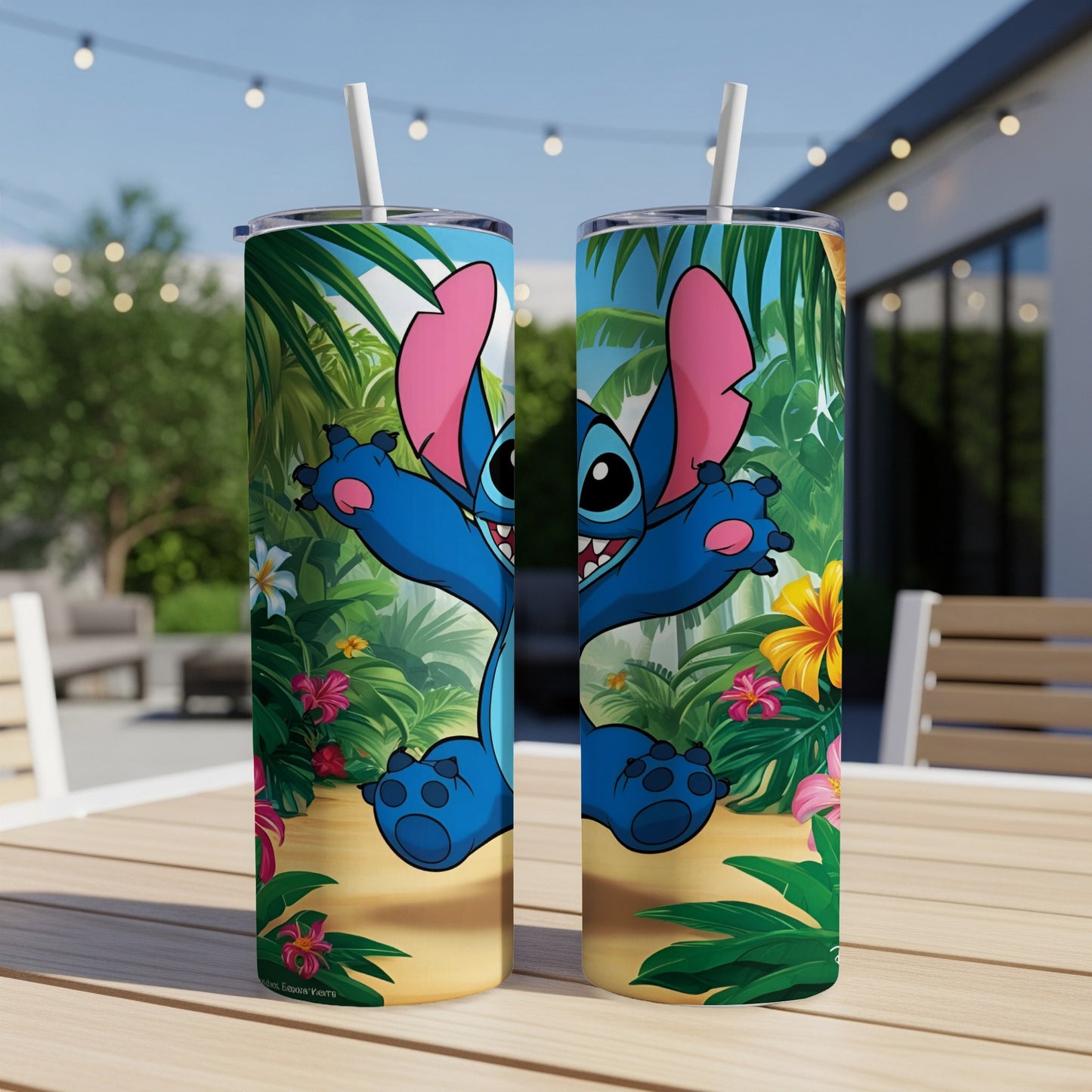 Stitch character on a tropical-themed tumbler with palm leaves and flowers.