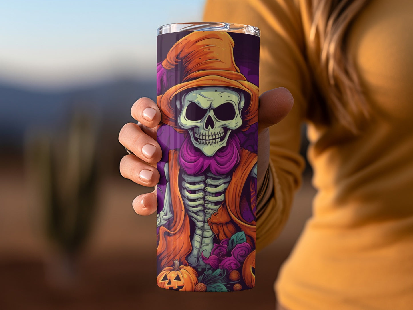Spooky Skeleton with Pumpkin Halloween Tumbler Cup