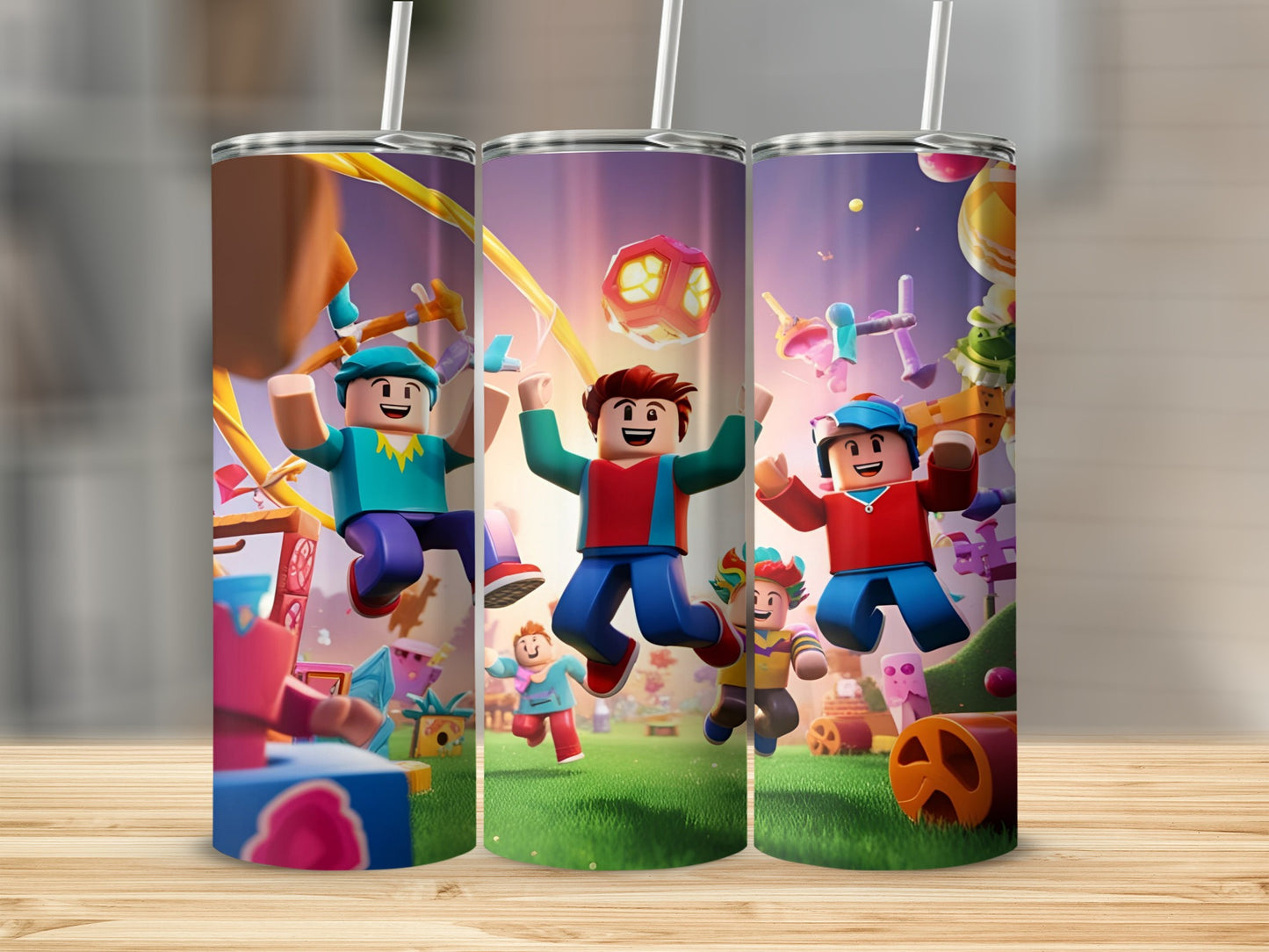 Roblox characters jumping with colorful cartoon background.