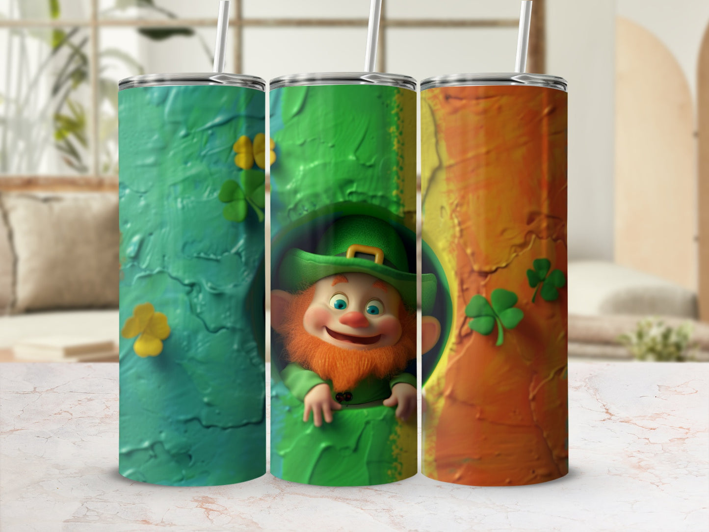 Leprechaun peeking from behind a green tree trunk with shamrocks.