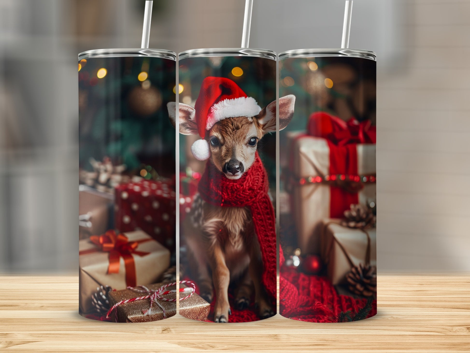 Cute Reindeer in Santa Hat Christmas Tumbler Cup