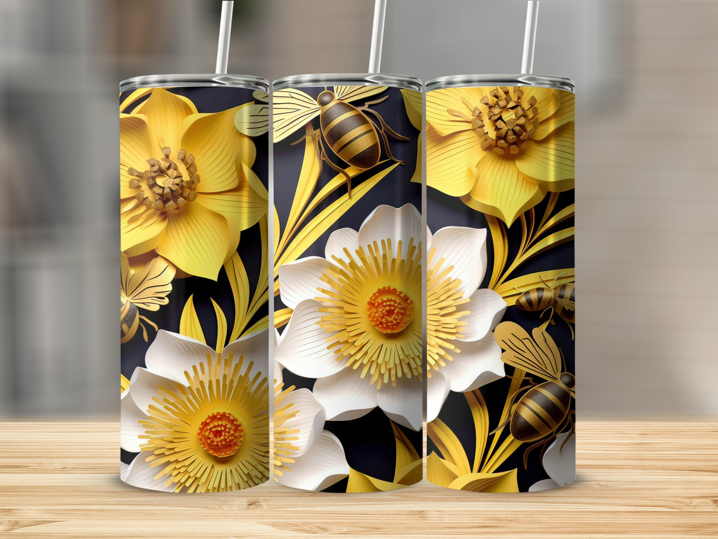 Elegant Floral Print Tumblers with Bee Decorations