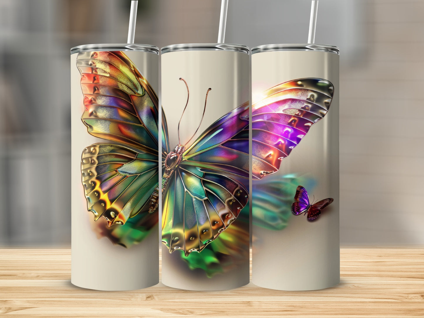 Close-up of a colorful, iridescent butterfly on a beige tumbler.