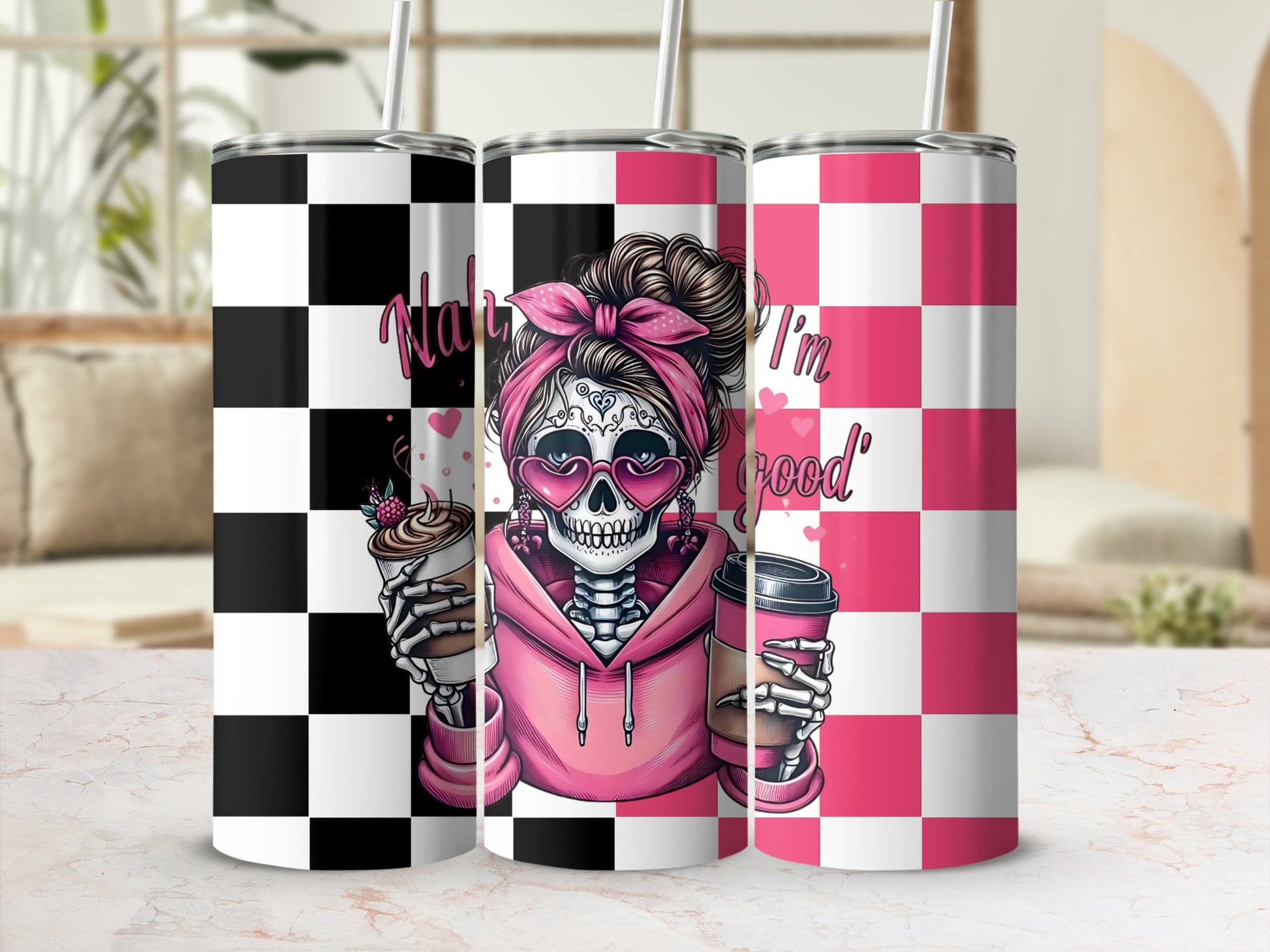 Pink and Black Checkered Skull Tumbler with Hearts