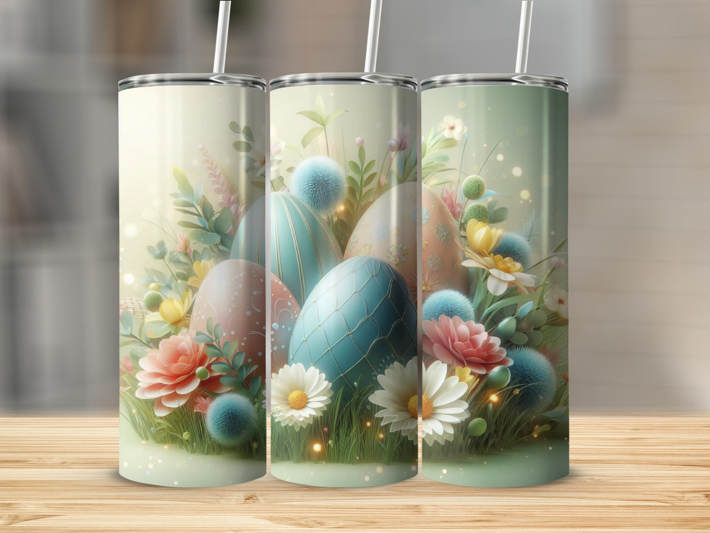 Easter eggs and flowers decorate a set of three tumblers.