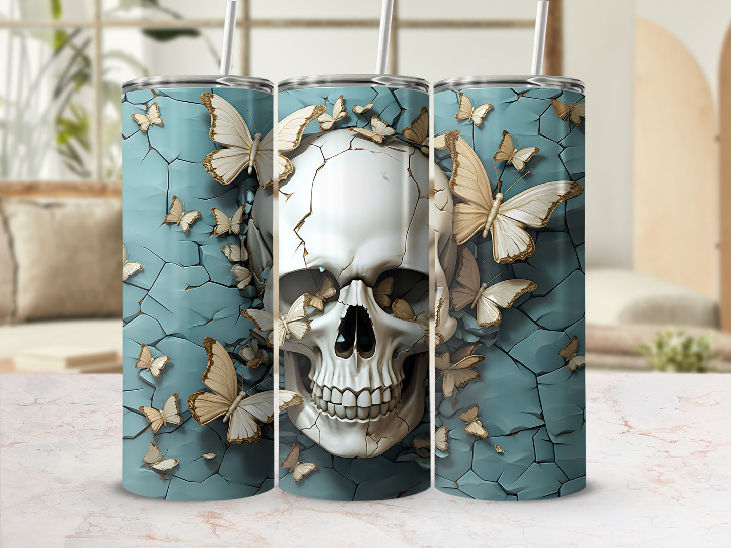 Skull and butterflies design on three tumblers with blue cracked texture background.