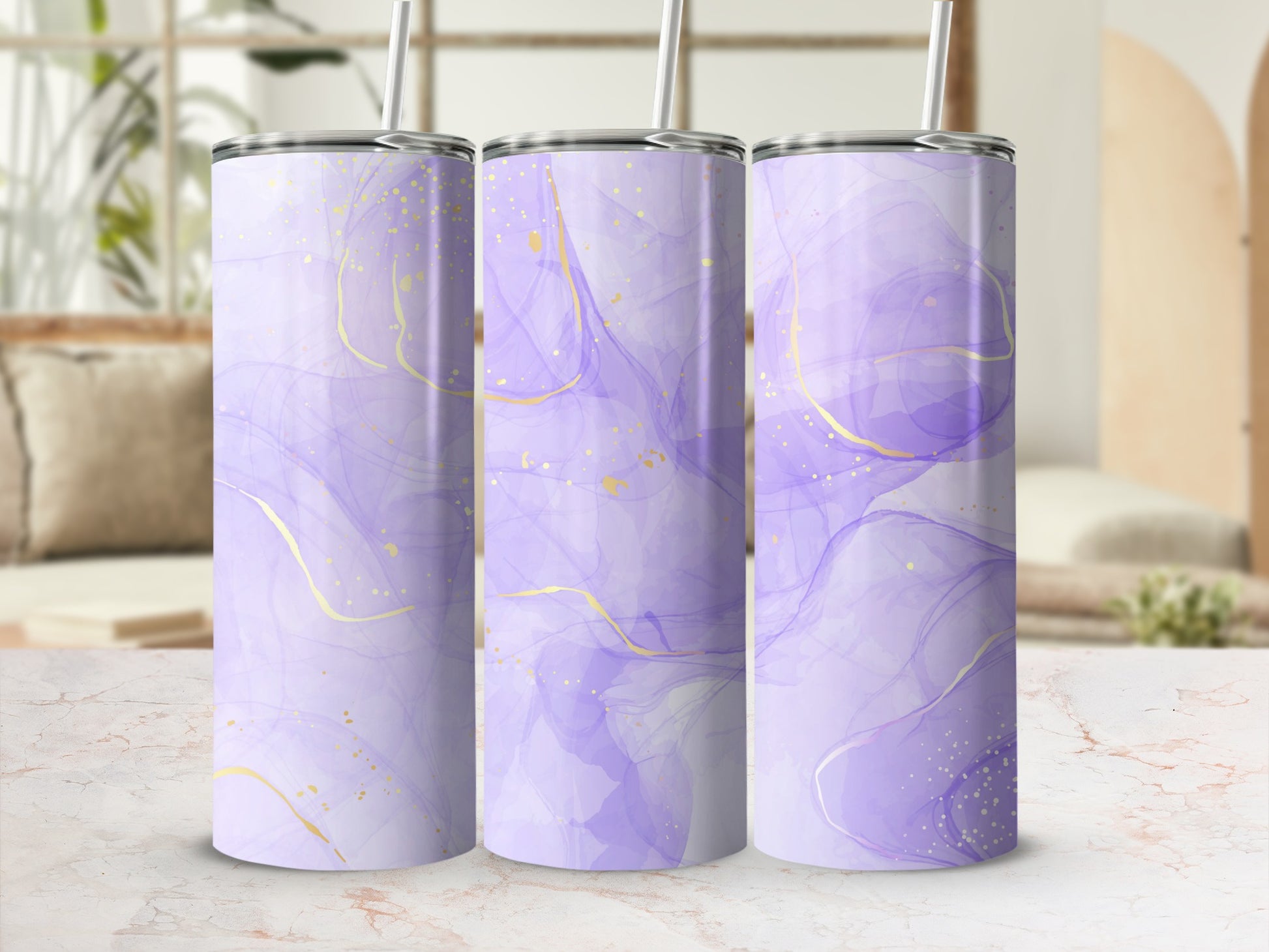 Three tall tumblers with purple watercolor and gold splatter design.
