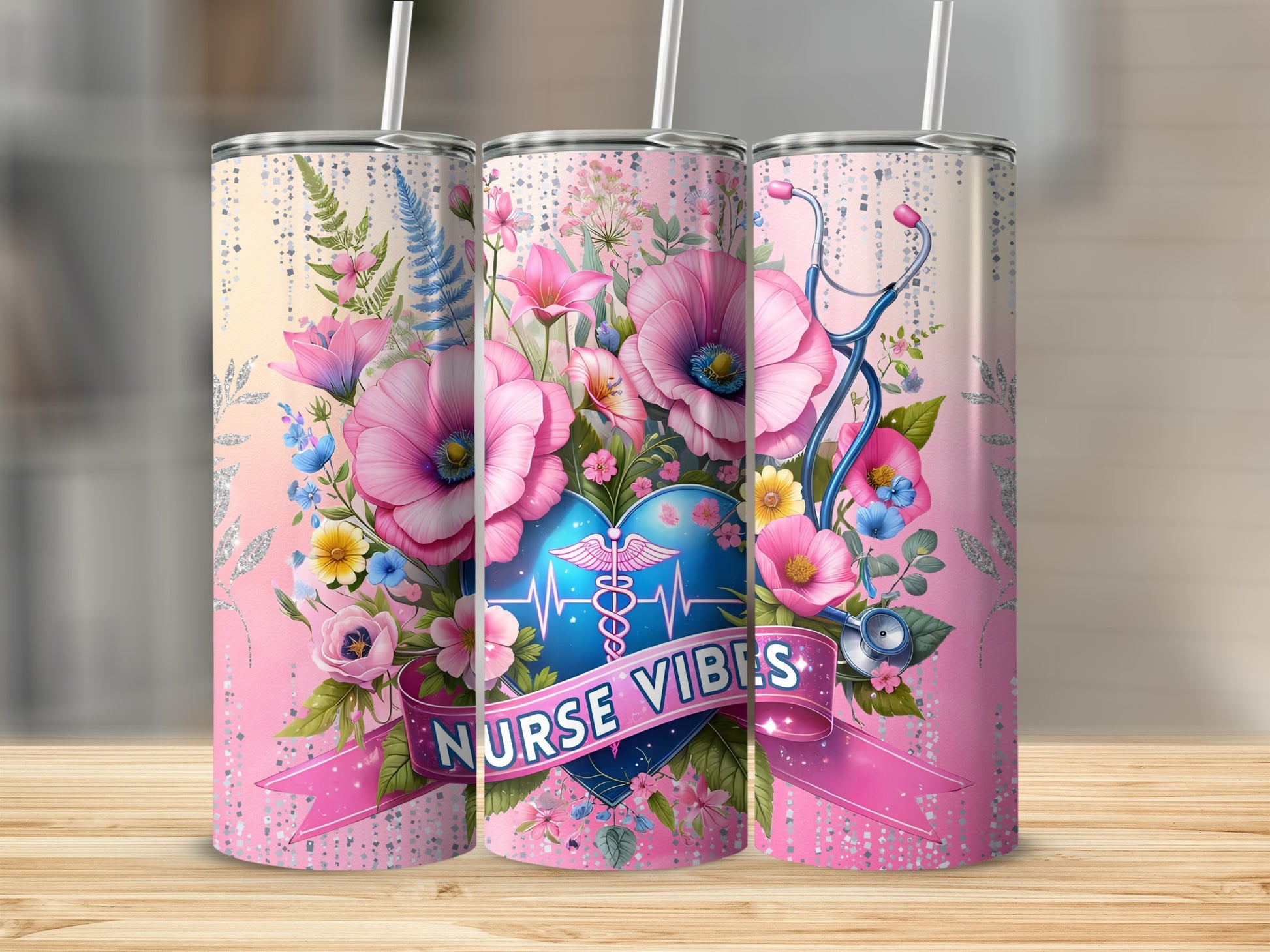 Nurse Vibes Floral Stethoscope Tumbler with Straw