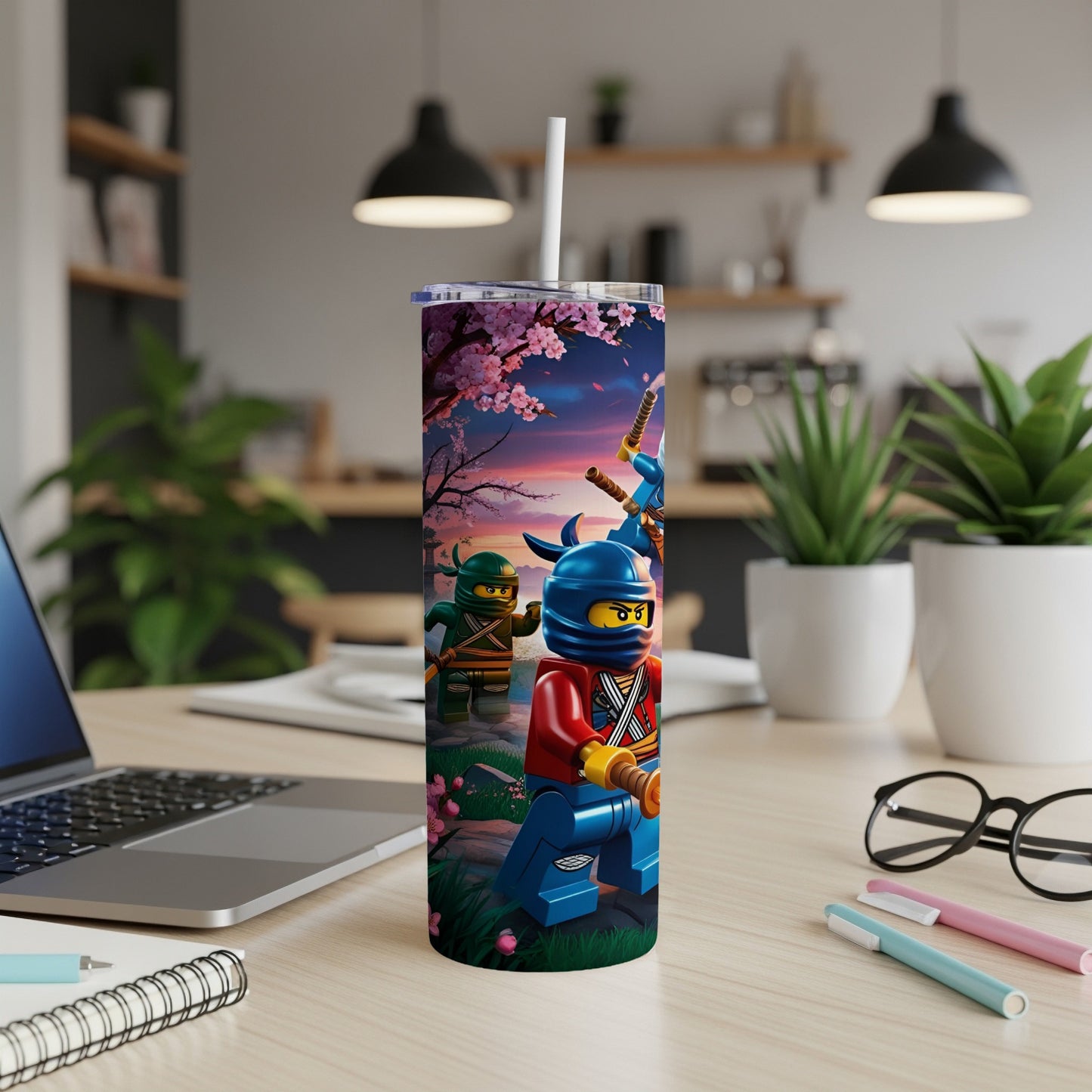 Ninjago characters Kai and Cole on a pink cherry blossom decorated tumbler.