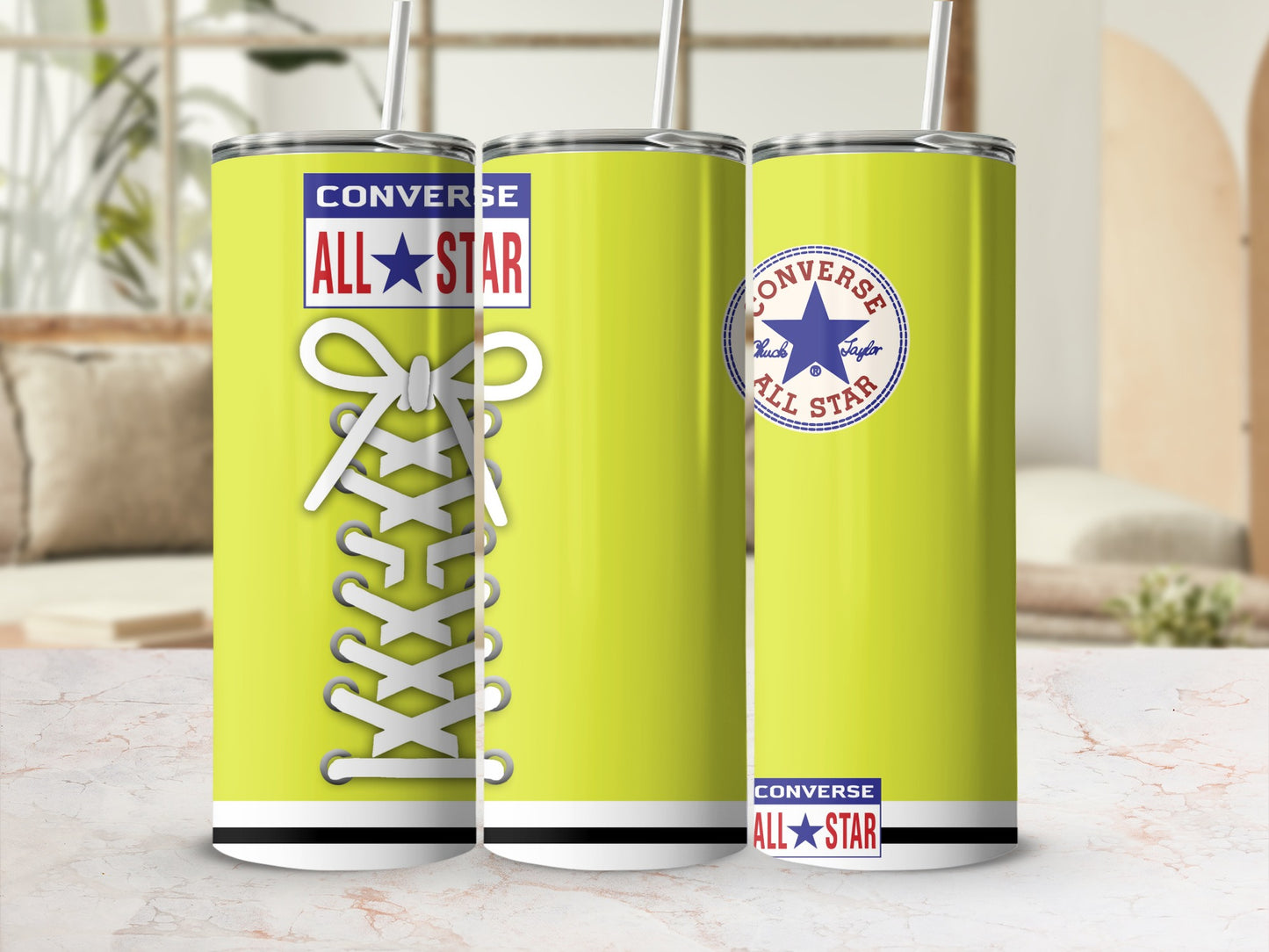 Converse All Star tumblers with white laces and blue stars on yellow background.