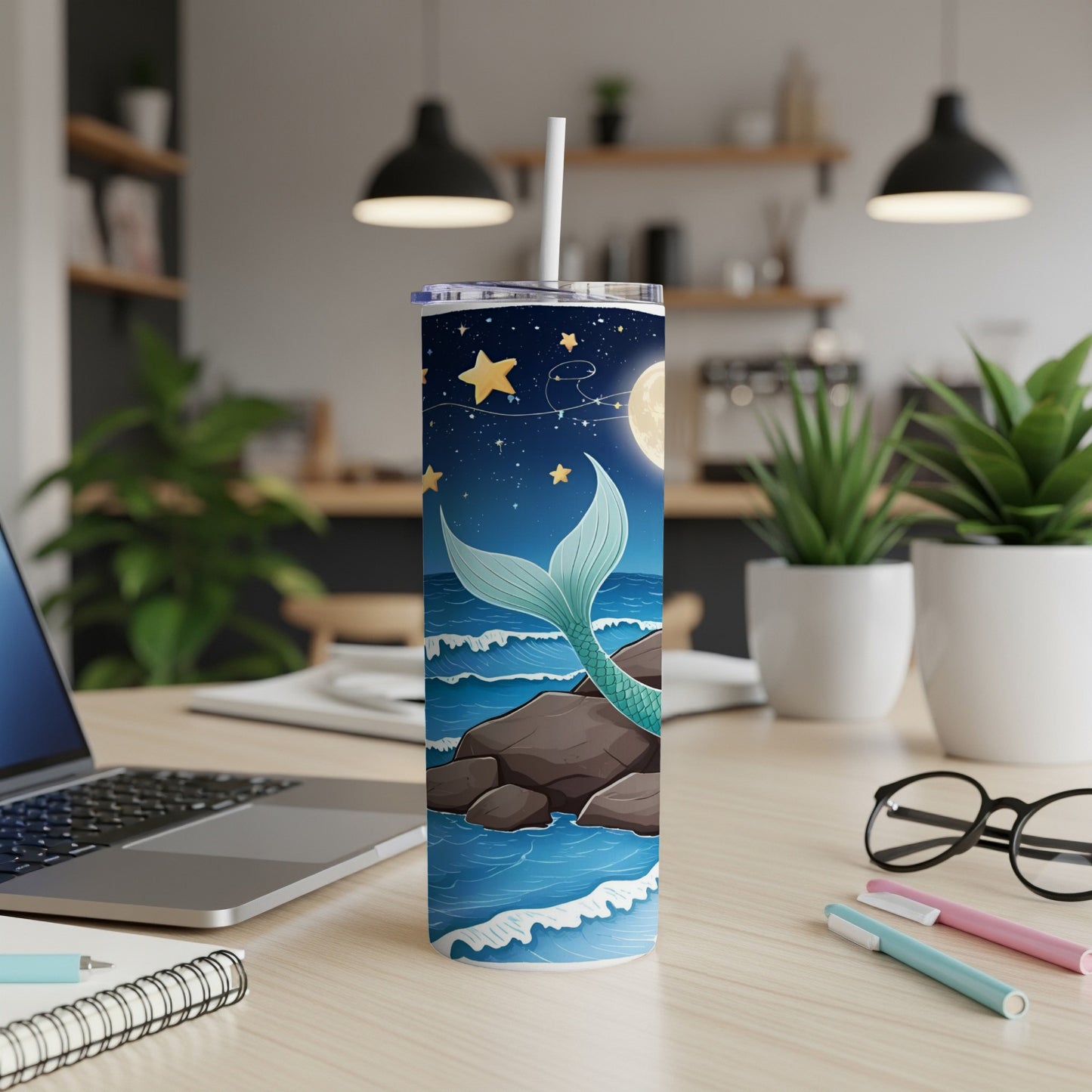 Mermaid tail on a starry night tumbler with waves and moon.