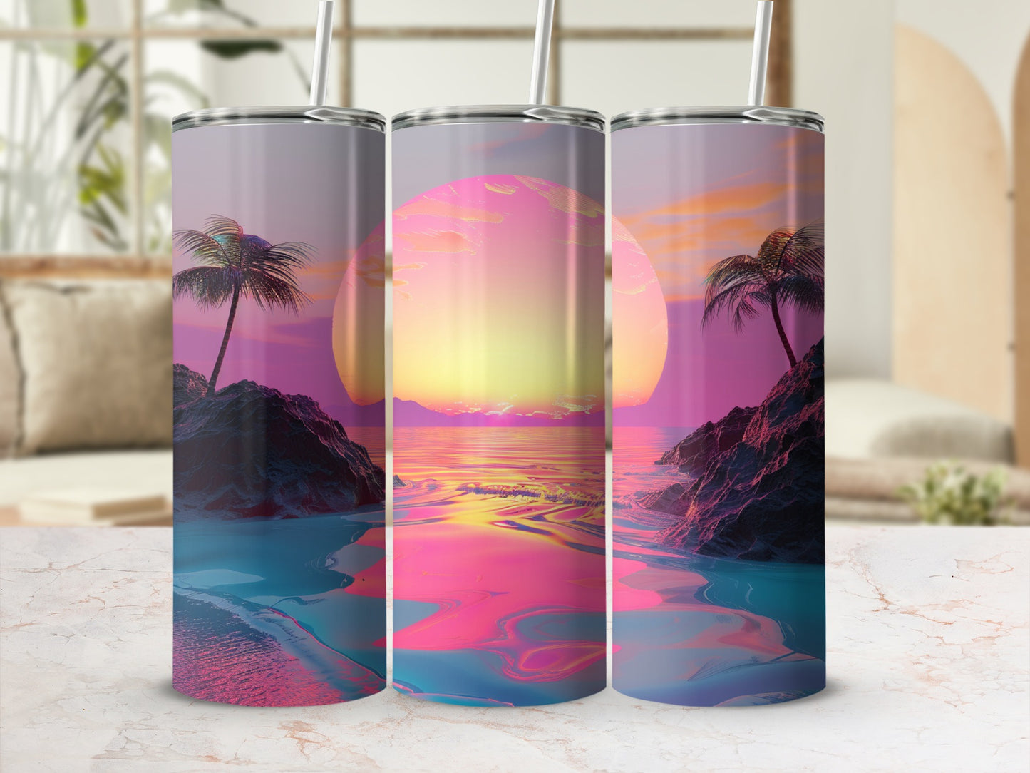 Three tumblers with sunset beach scene and palm trees.