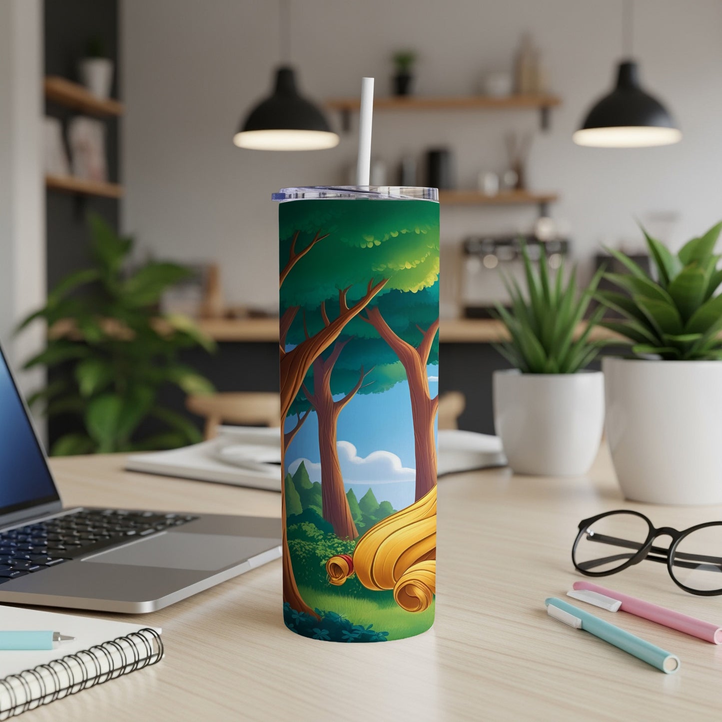 Tall tumbler with forest scene and blonde braid design.