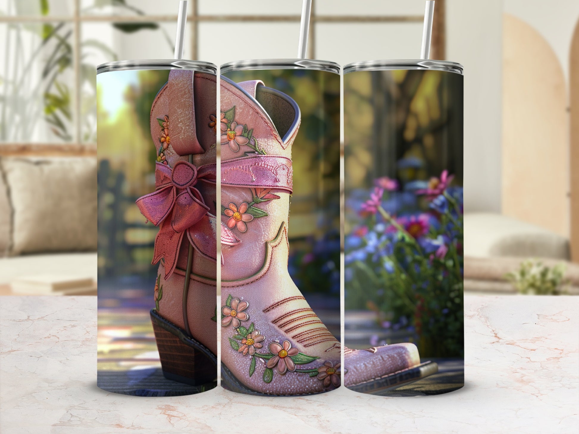 Pink cowboy boot tumbler with floral embroidery and a bow.