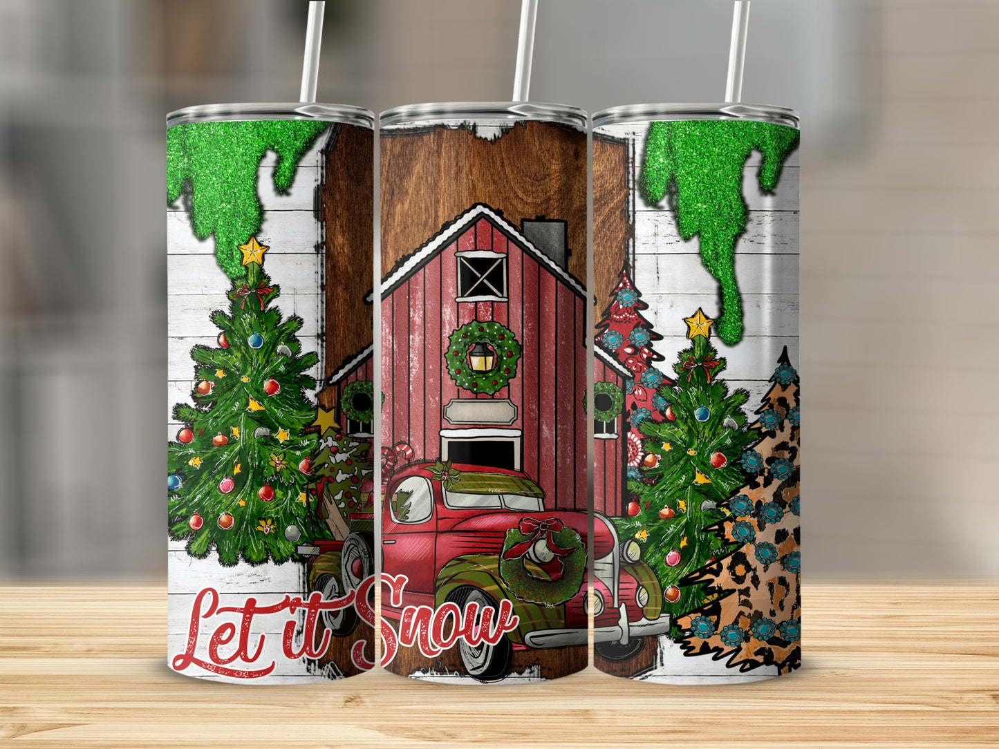Red truck with Christmas tree, barn, and "Let It Snow" text.