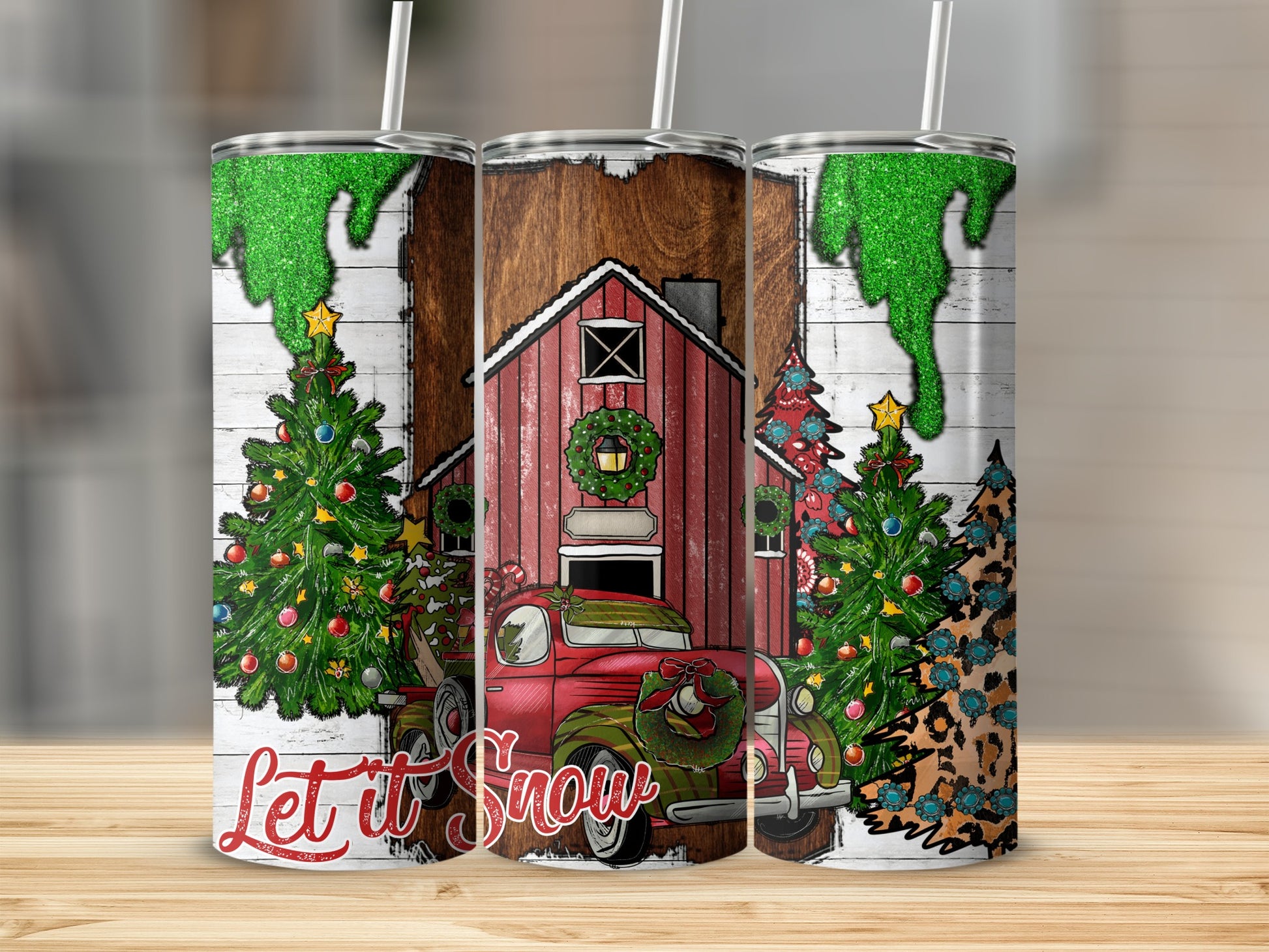 Red truck with Christmas tree, barn, and "Let It Snow" text.