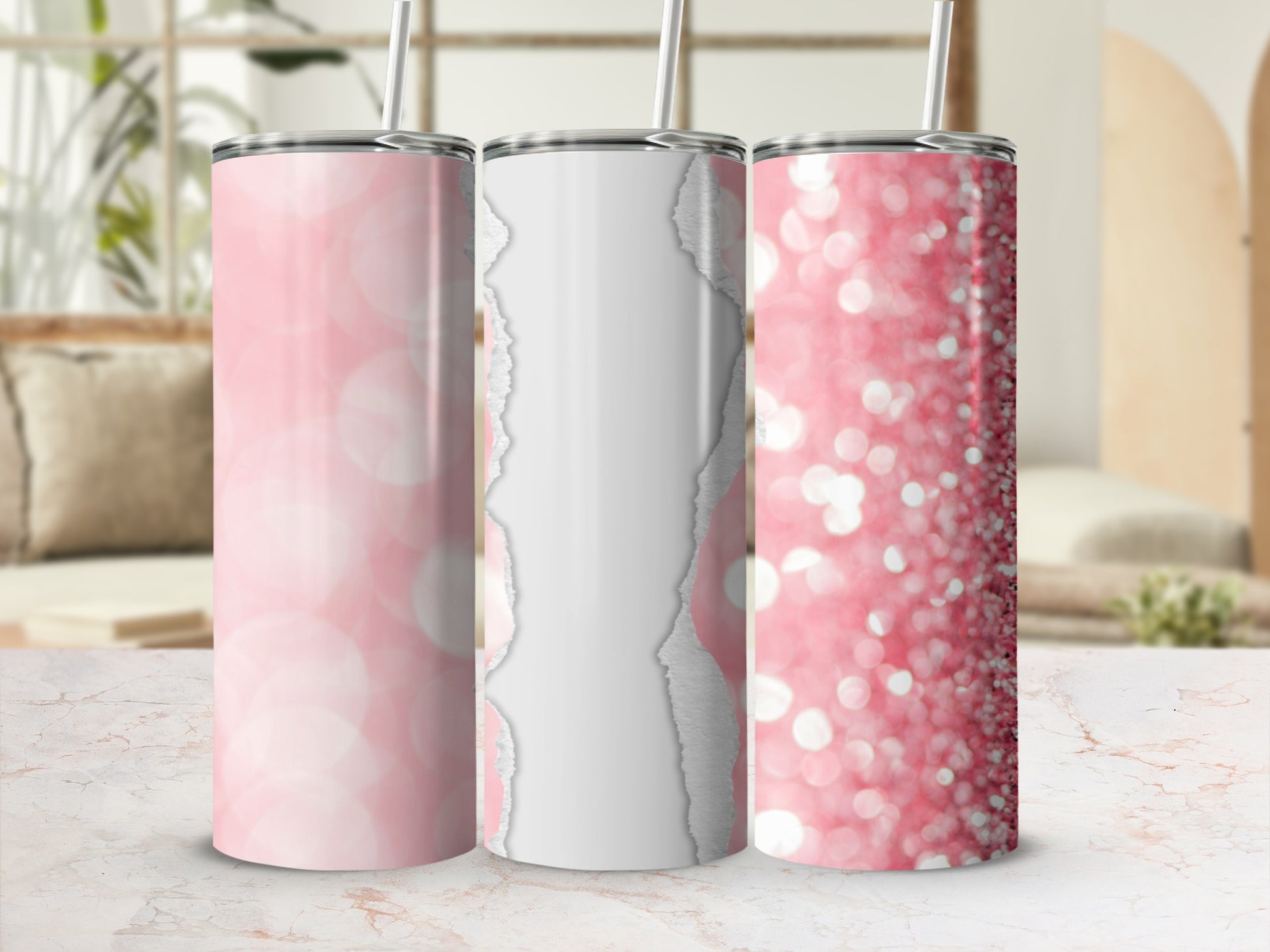 Pink glitter tumbler with torn paper effect and bokeh background.