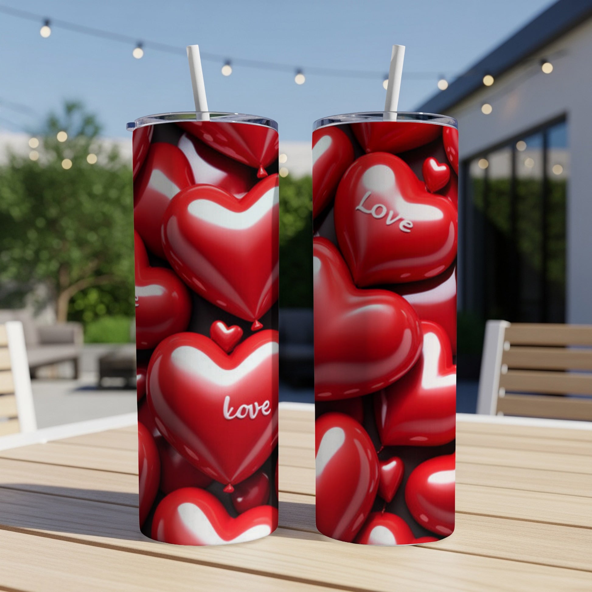 Two tumblers with red heart pattern, one says "love".