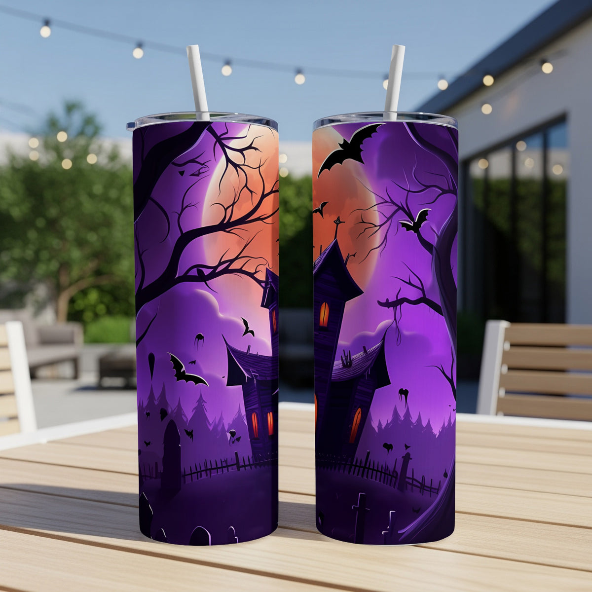 Two Halloween-themed tumblers with haunted houses, bats, and moon.