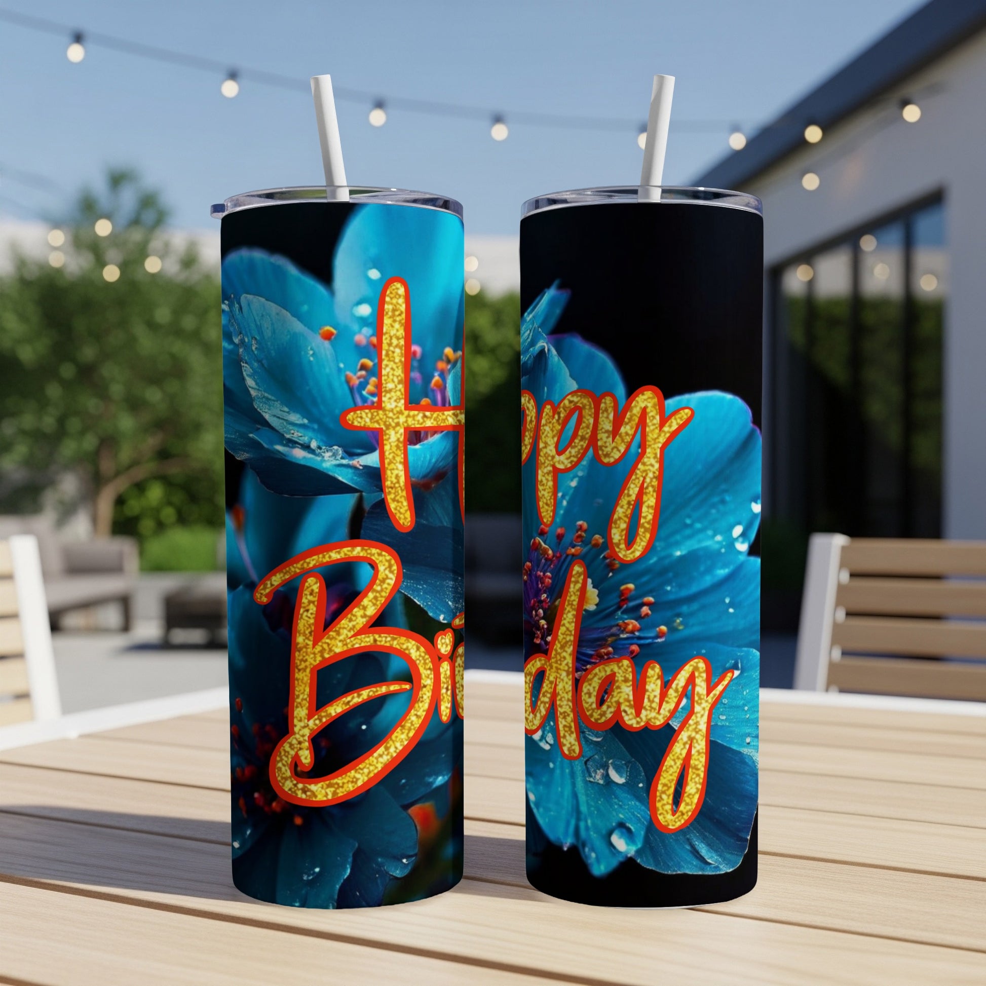 Two tumblers with a "Happy Birthday" message and blue flower design.