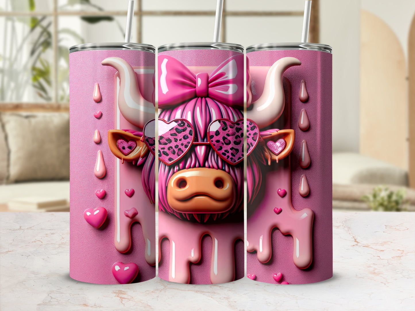 Pink Highland cow with heart sunglasses and bow on a tumbler.