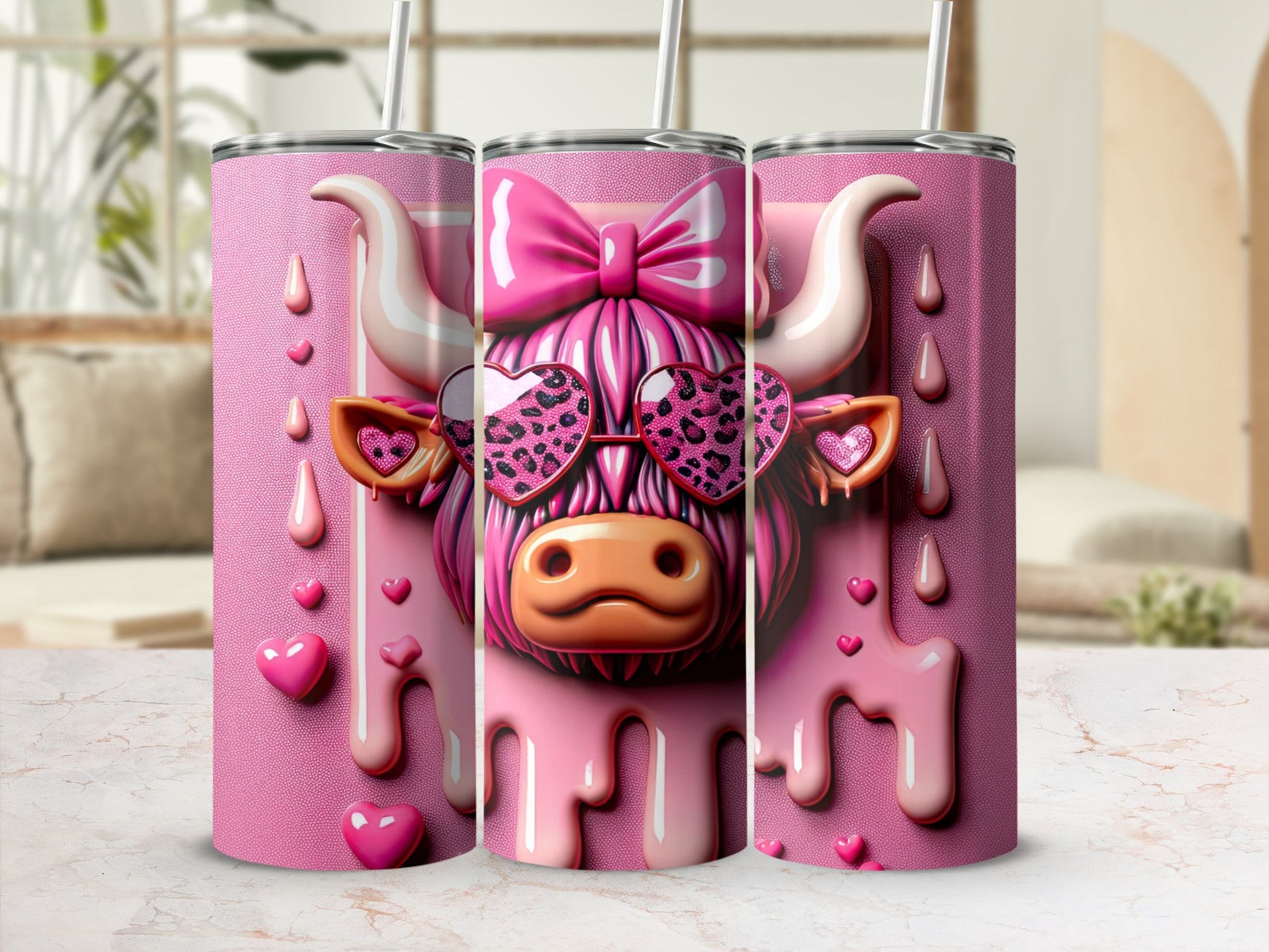 Pink Highland cow with heart sunglasses and bow on a tumbler.