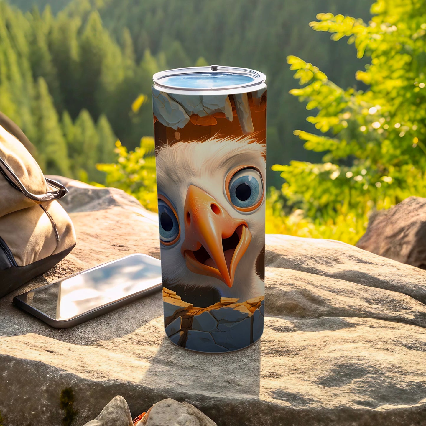 Funny Big Eyed Bird Design Travel Tumbler product type
Bird Tumbler, Funny Bird, Big Eyed Bird, Cartoon Bird, Ostrich Chick, Emu Chick, Animal Design, Nature Scene, Mountain Forest, Outdoor Drinkware, Travel Cup, Unique Gift, Quirky Design, Happy Bird, White Bird, Orange Beak, Forest Background, Adventure Tumbler, Tumbler Cup, Custom Design