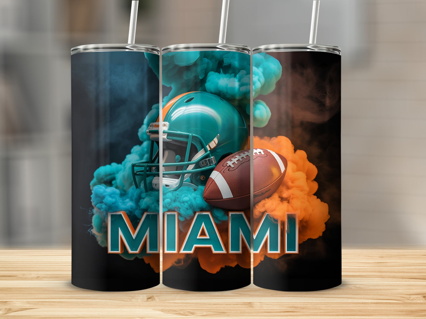 Miami Dolphins helmet and football surrounded by orange and teal smoke.