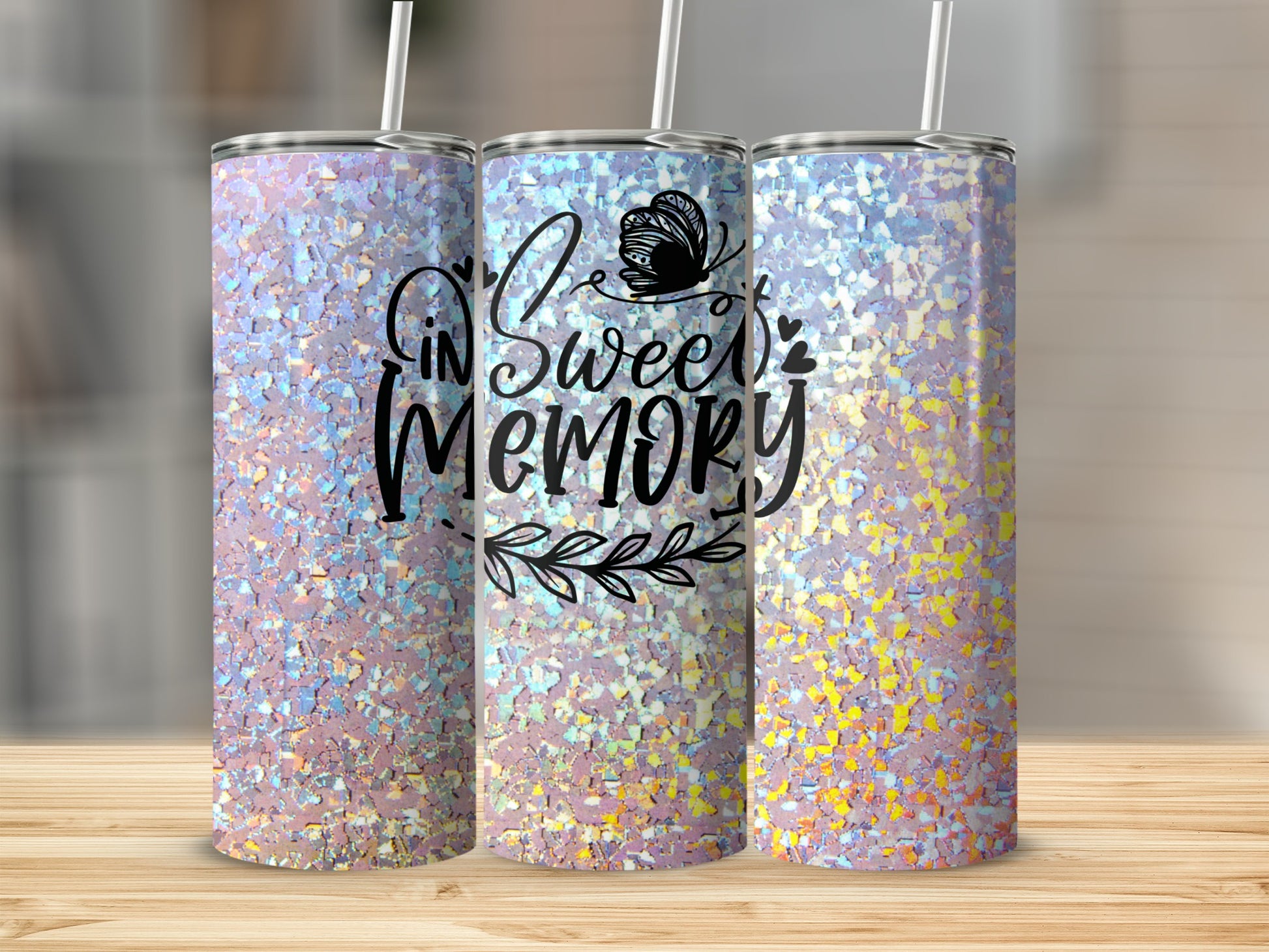 Glittery tumbler with "In Sweet Memory" text and butterfly design.