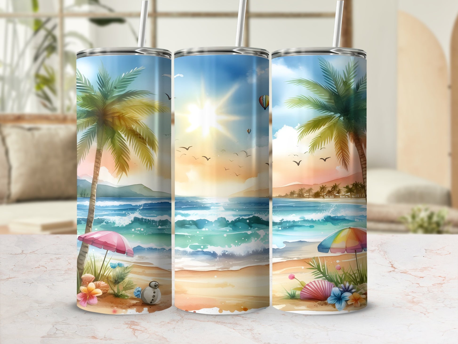 Beach scene tumbler with palm trees, ocean waves, and a colorful umbrella.