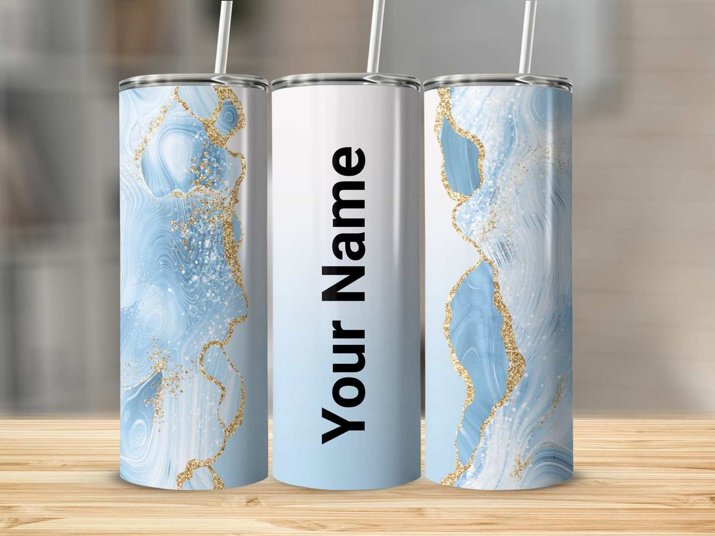 Custom Blue and Gold Marble Tumbler with Straw