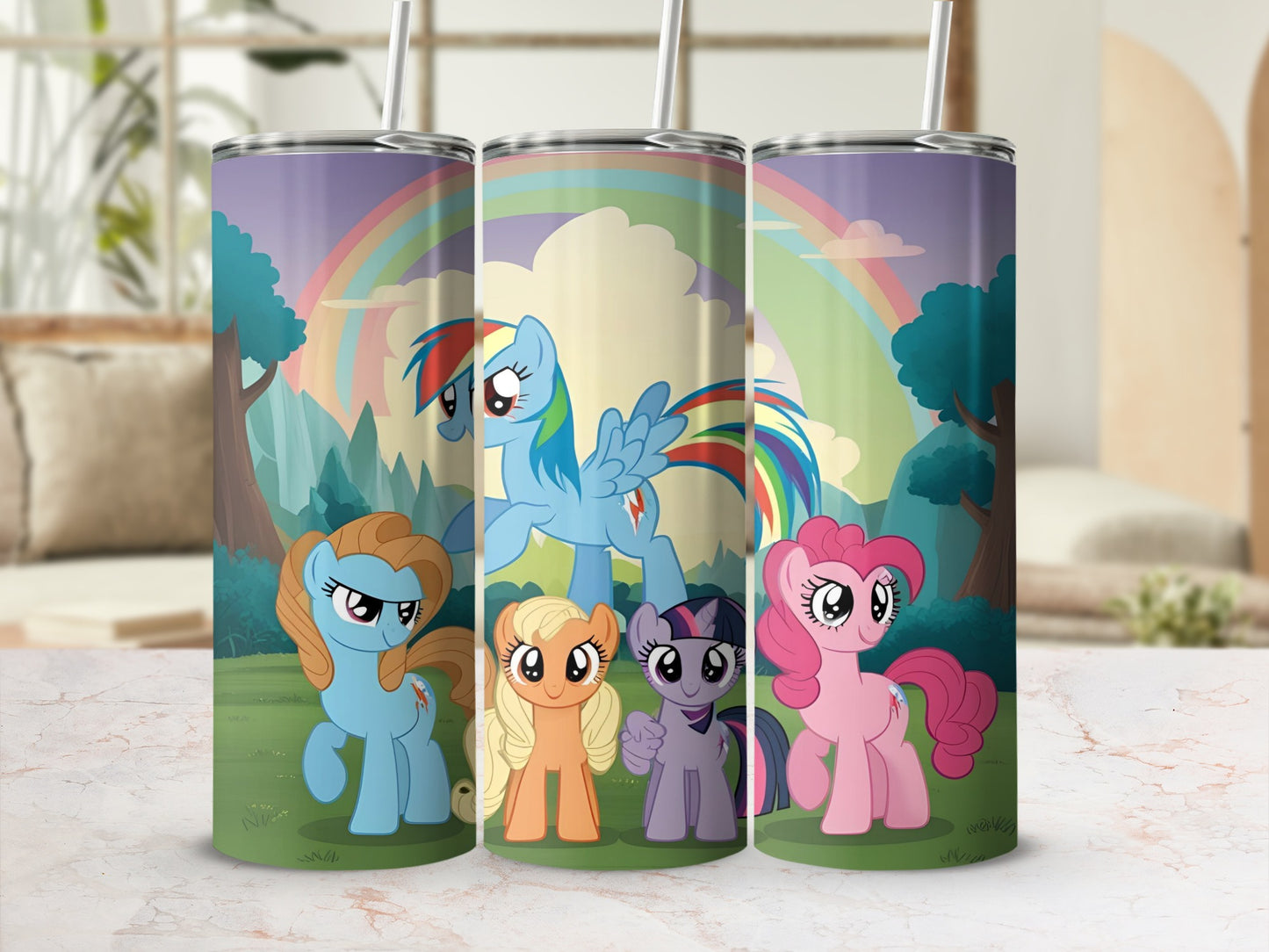 My Little Pony characters Pinkie Pie, Applejack, Rainbow Dash, and Twilight Sparkle with rainbow background.