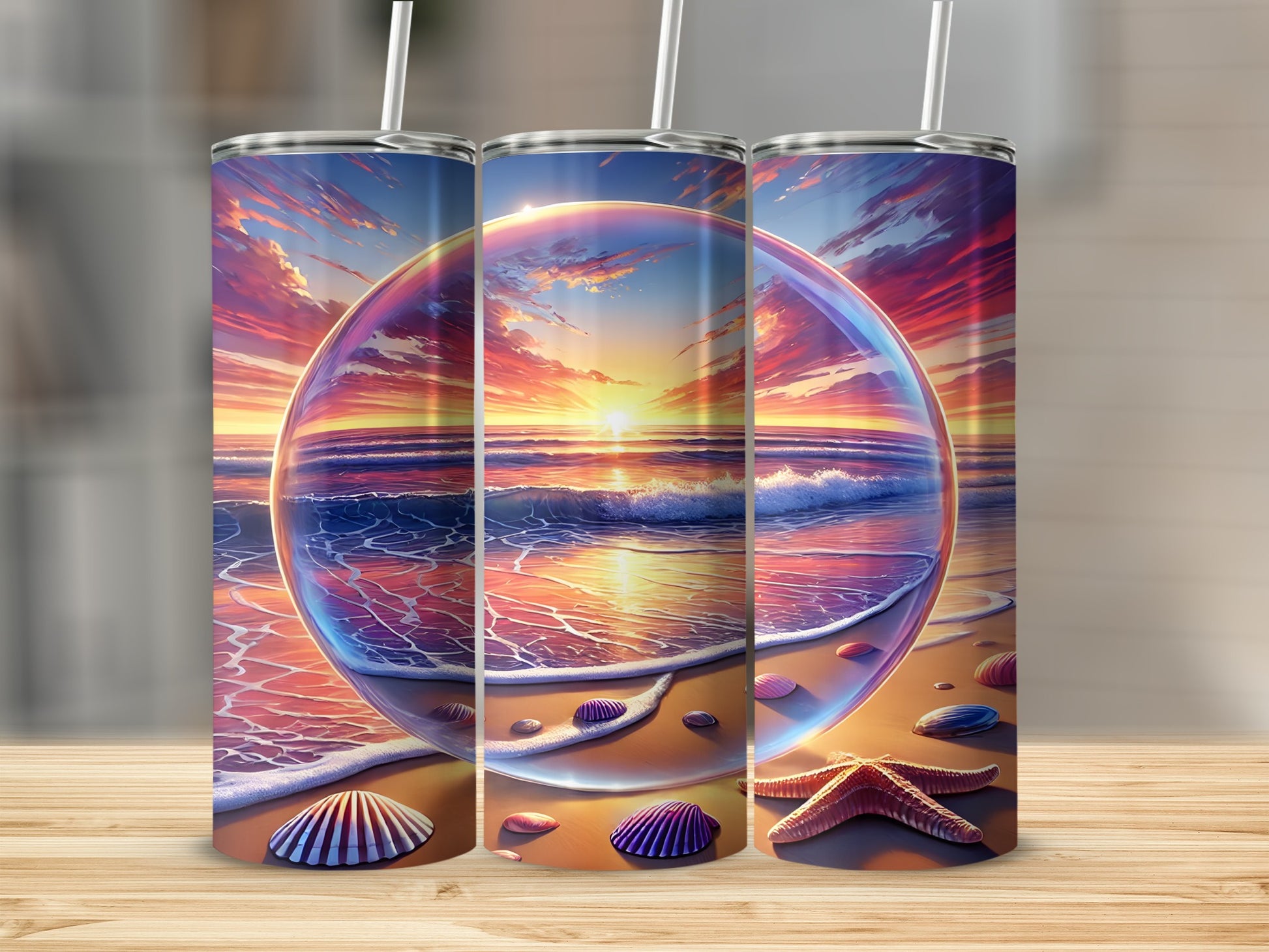 Three tumblers display a vibrant sunset over a beach with shells and a starfish.