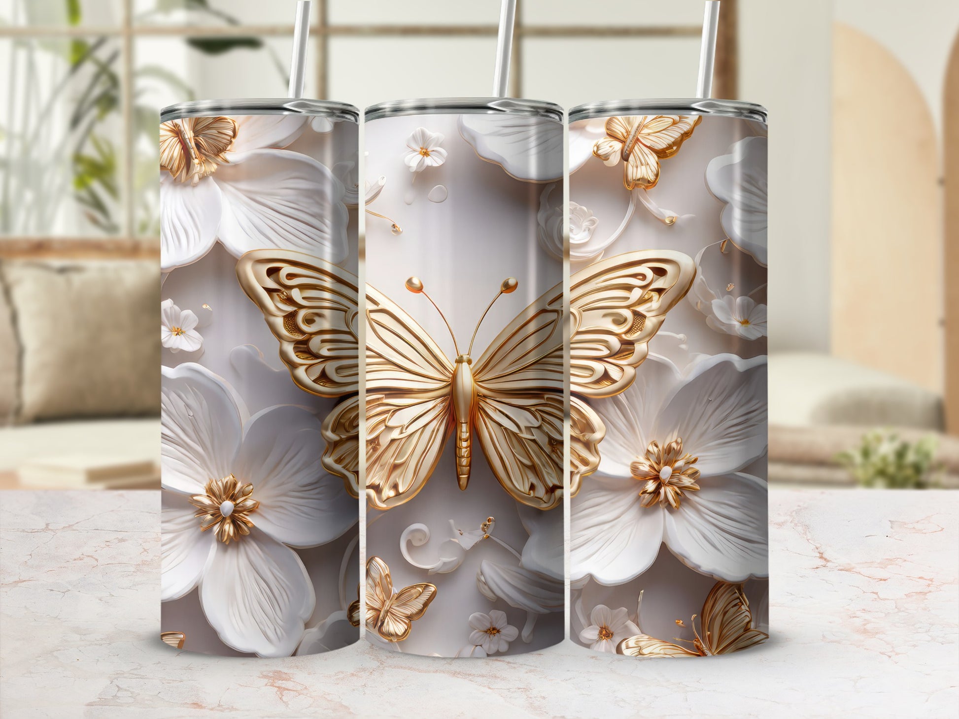Elegant Butterfly and Floral Insulated Tumbler Product