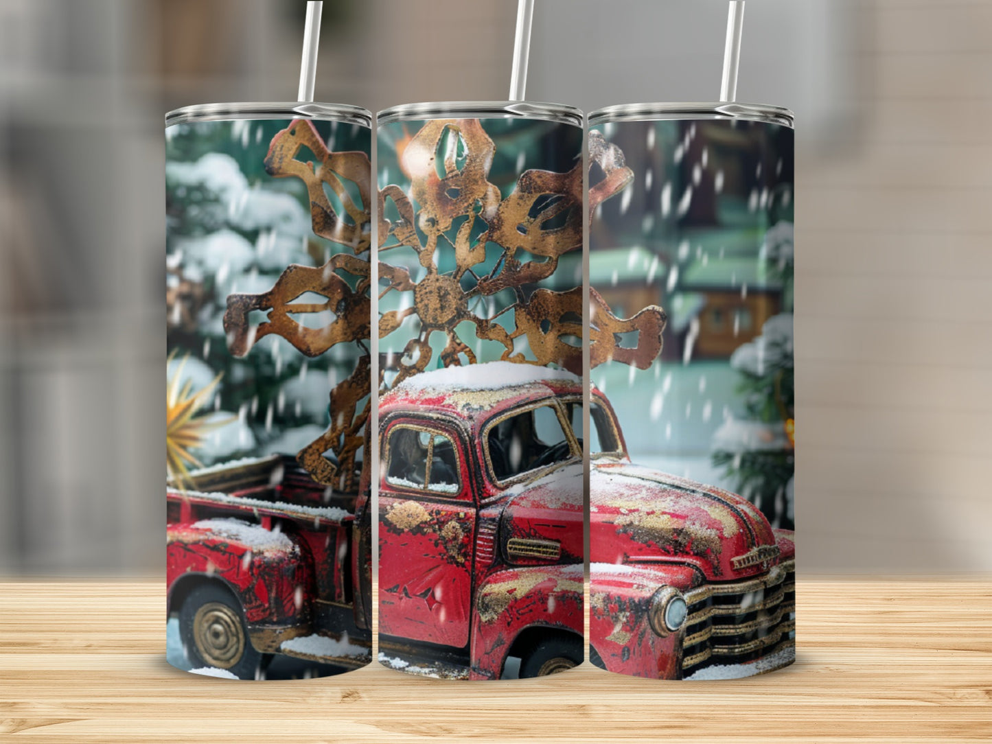Red vintage truck with snowflake design, snow falling.