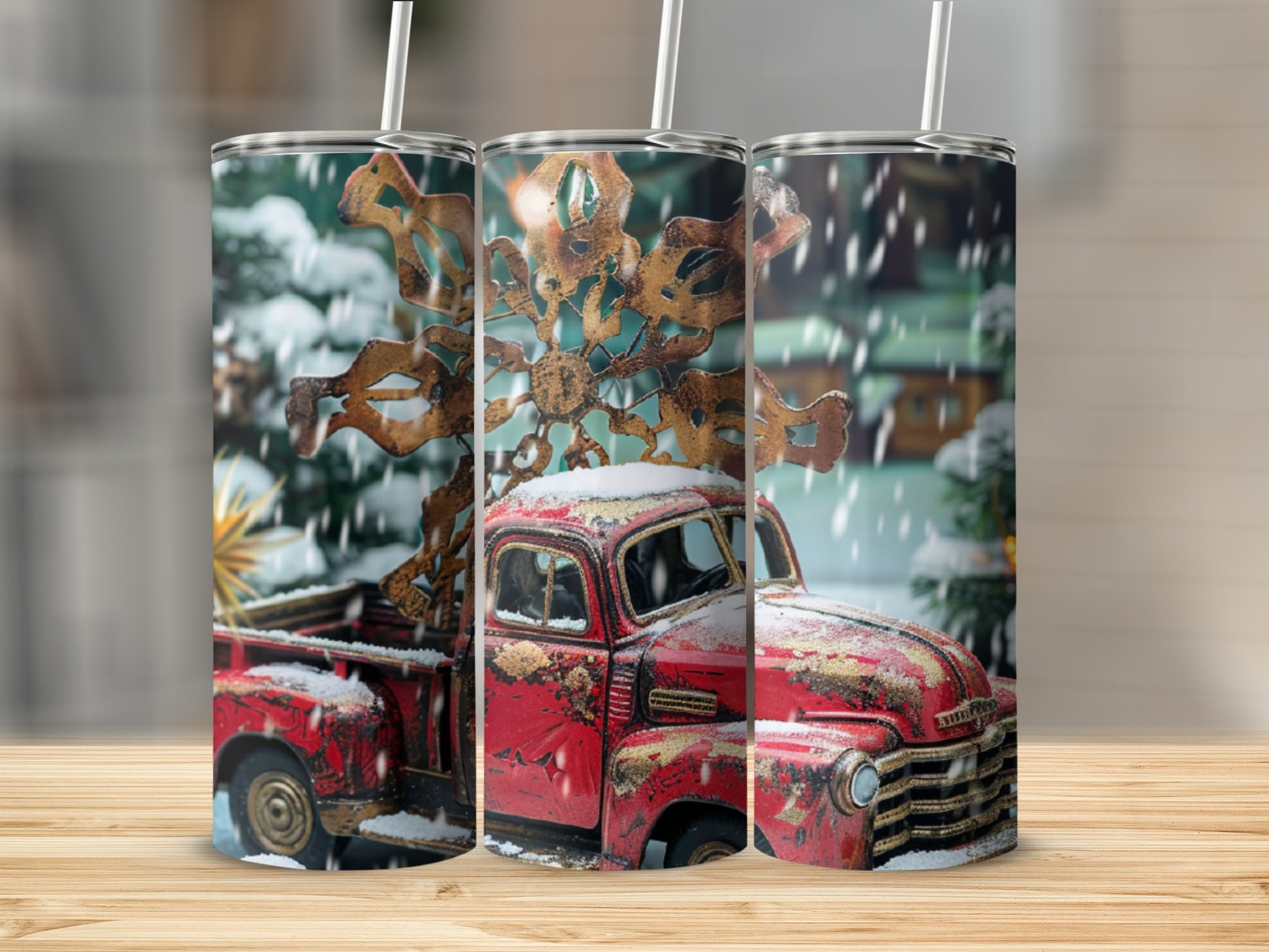Red vintage truck with snowflake design, snow falling.
