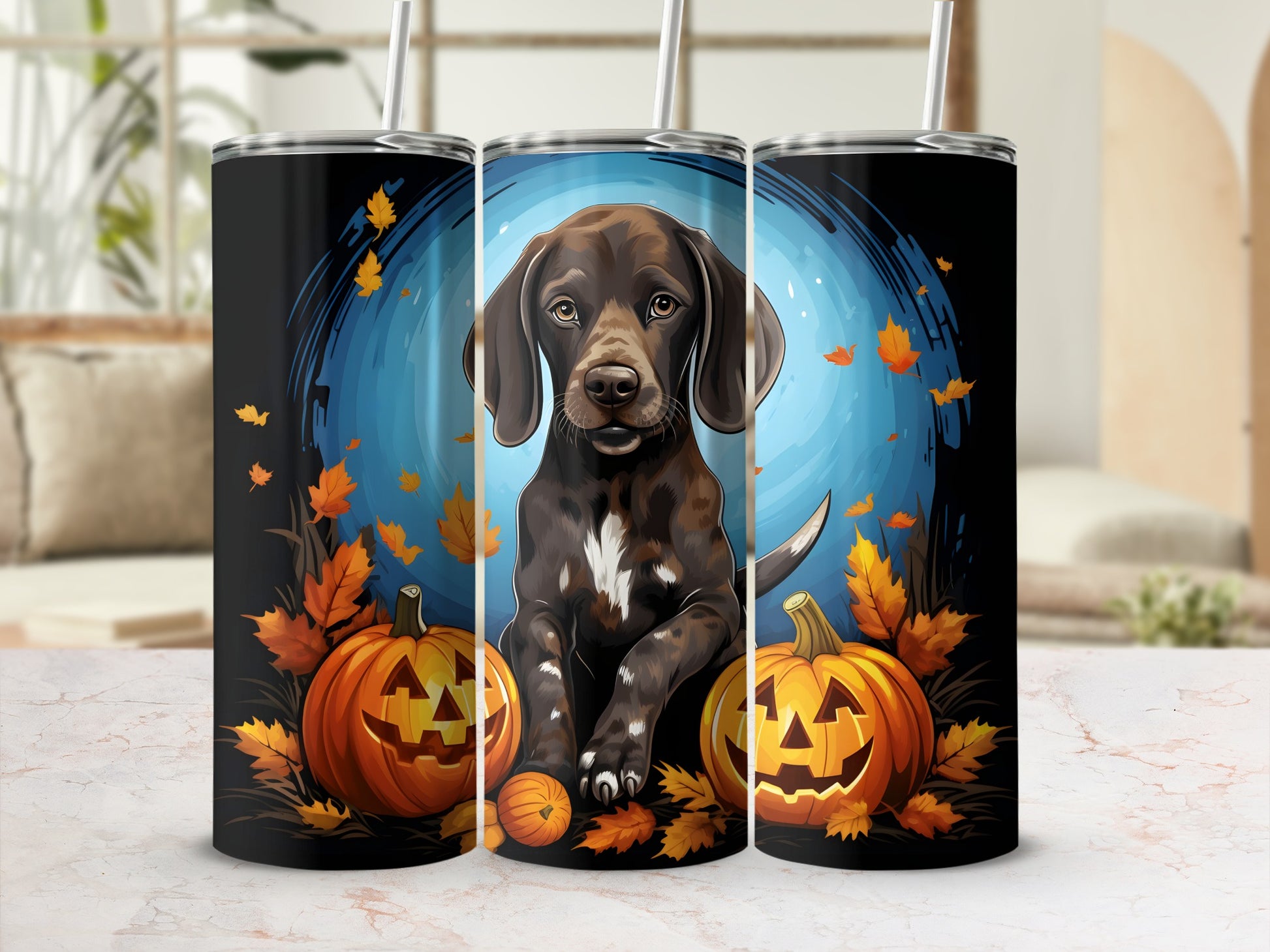 Triptych tumbler design with a brown dog, pumpkins, and autumn leaves.
